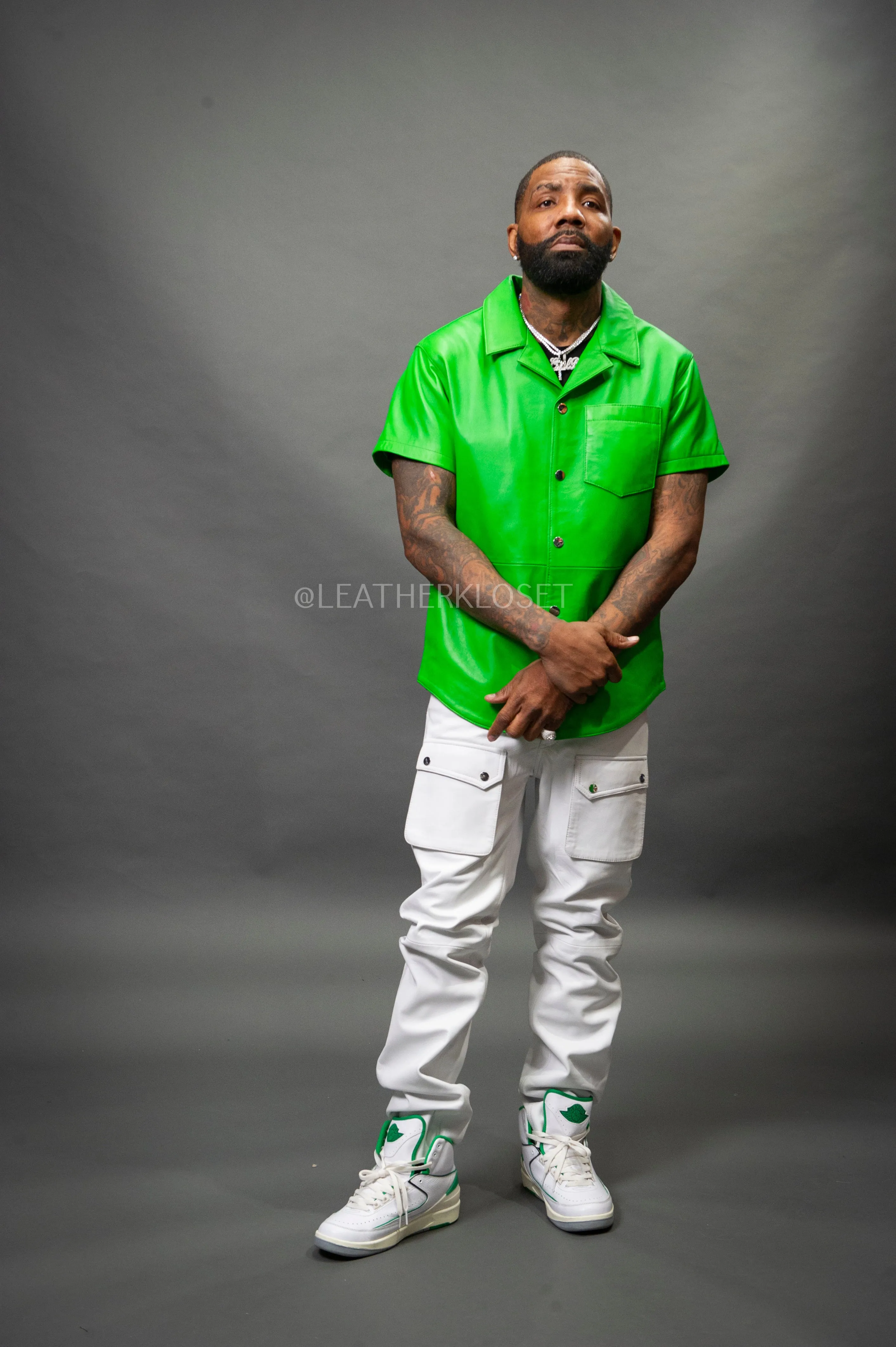 Men's Luka Leather Short Sleeve Shirt And Cargo Pants Set [Green/White]