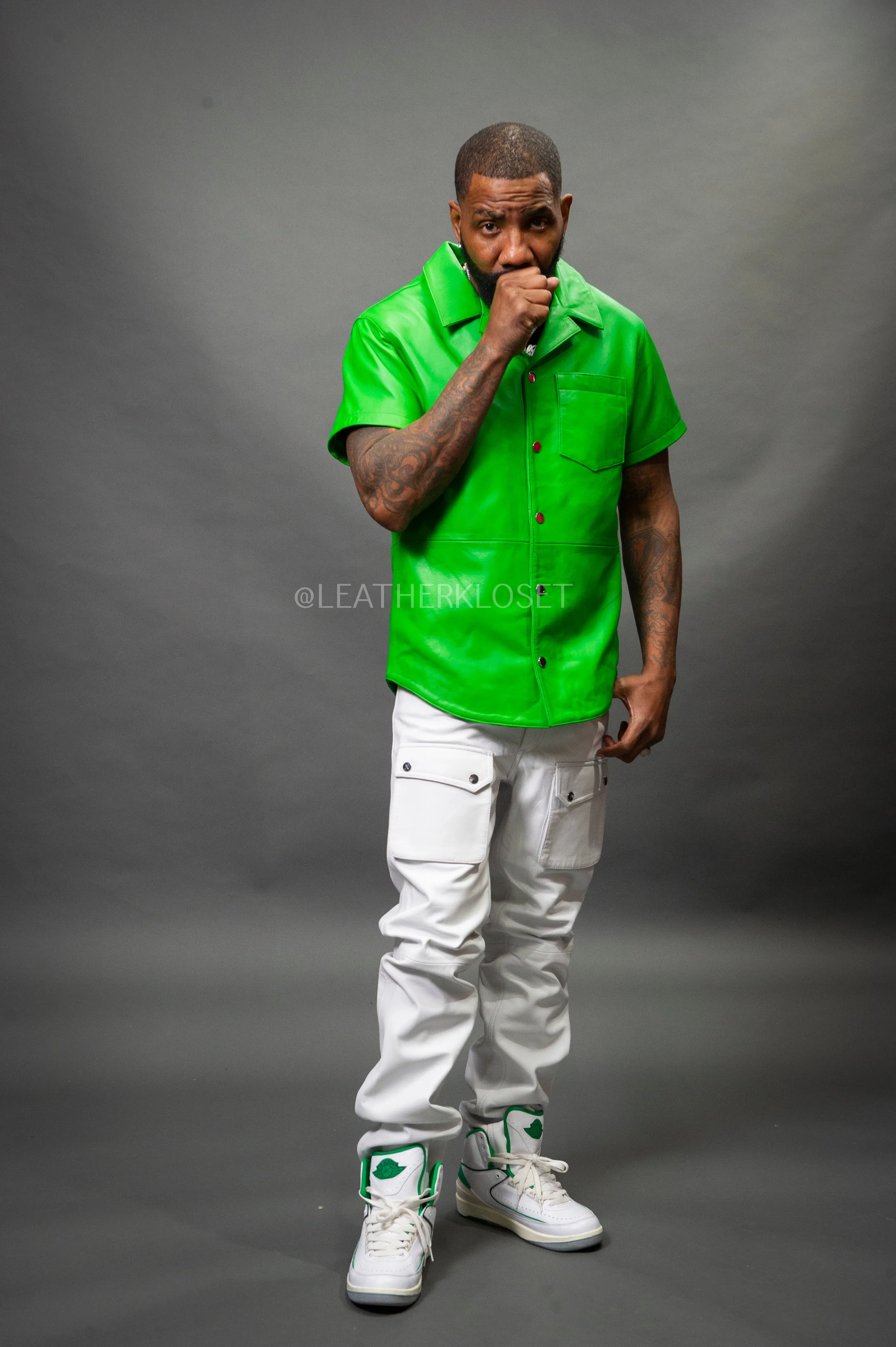 Men's Luka Leather Short Sleeve Shirt And Cargo Pants Set [Green/White]