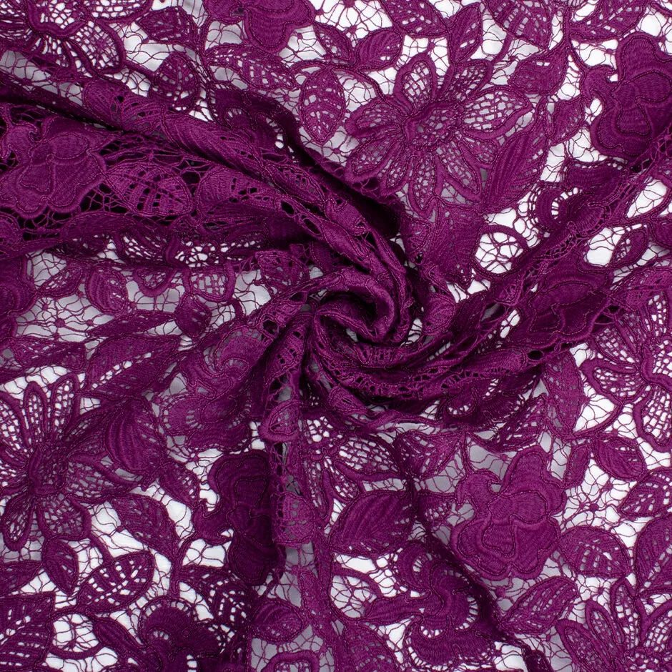 Mulberry Coloured Floral Corded Guipure Lace