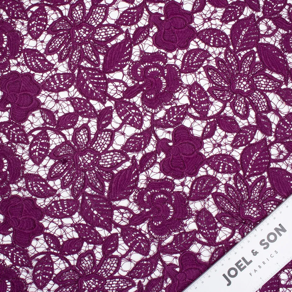 Mulberry Coloured Floral Corded Guipure Lace