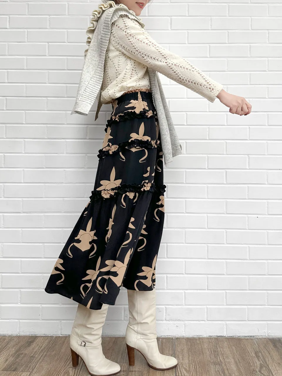 Orchid Print Ruffle Tiers Chiffon Silky Maxi Skirt