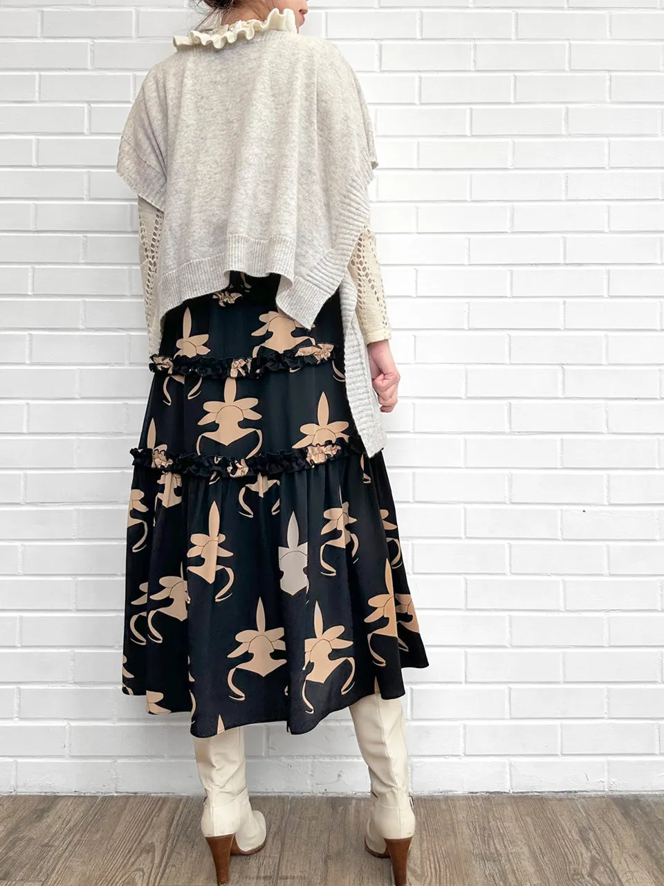 Orchid Print Ruffle Tiers Chiffon Silky Maxi Skirt