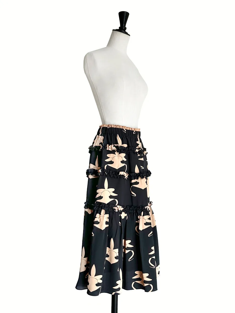 Orchid Print Ruffle Tiers Chiffon Silky Maxi Skirt