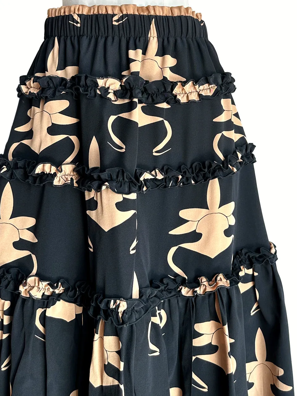 Orchid Print Ruffle Tiers Chiffon Silky Maxi Skirt