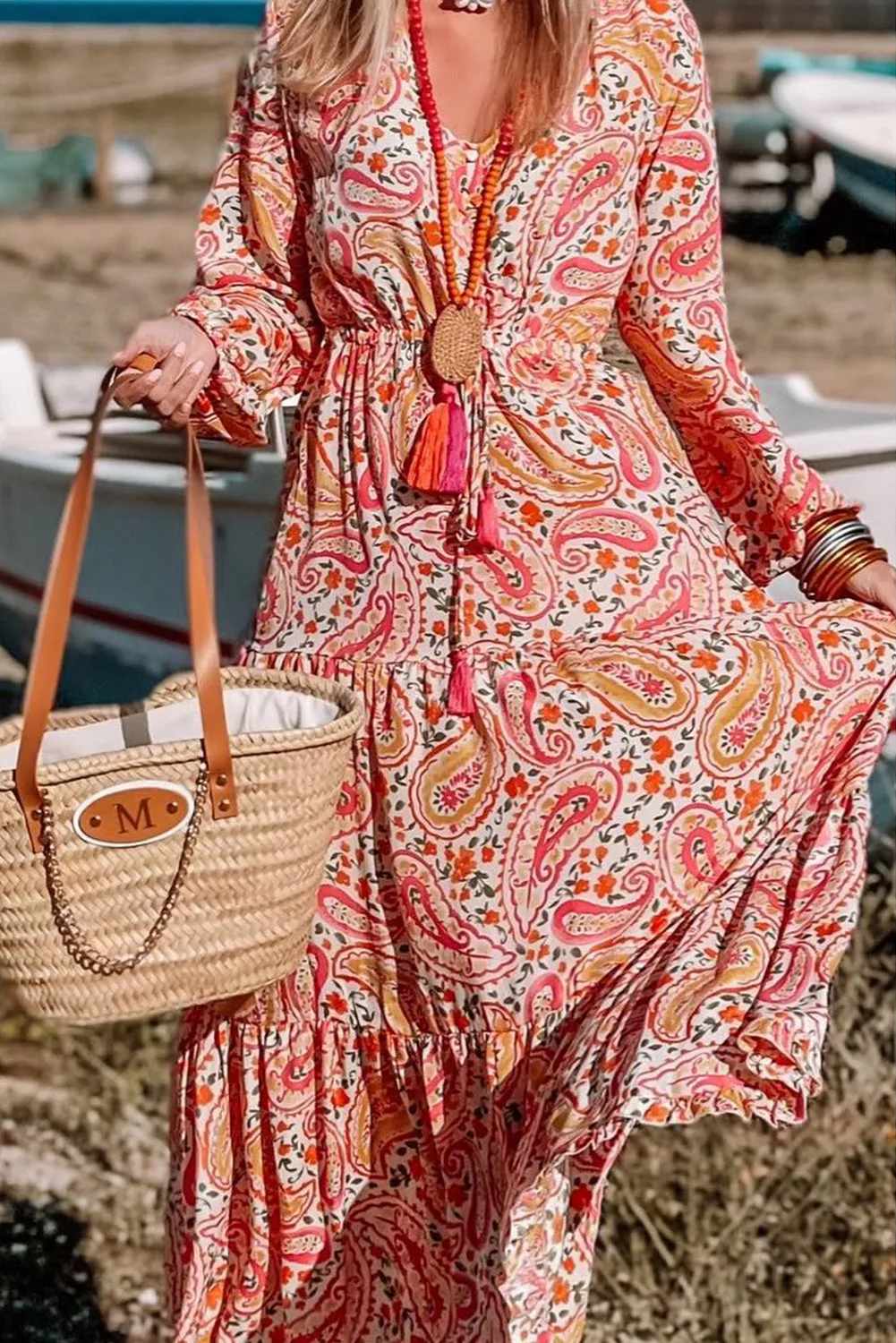 Paisley Long Sleeve Tiered Maxi Dress