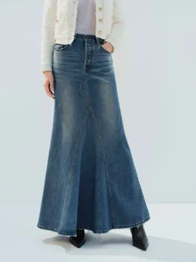 Paneled Denim Maxi Skirt