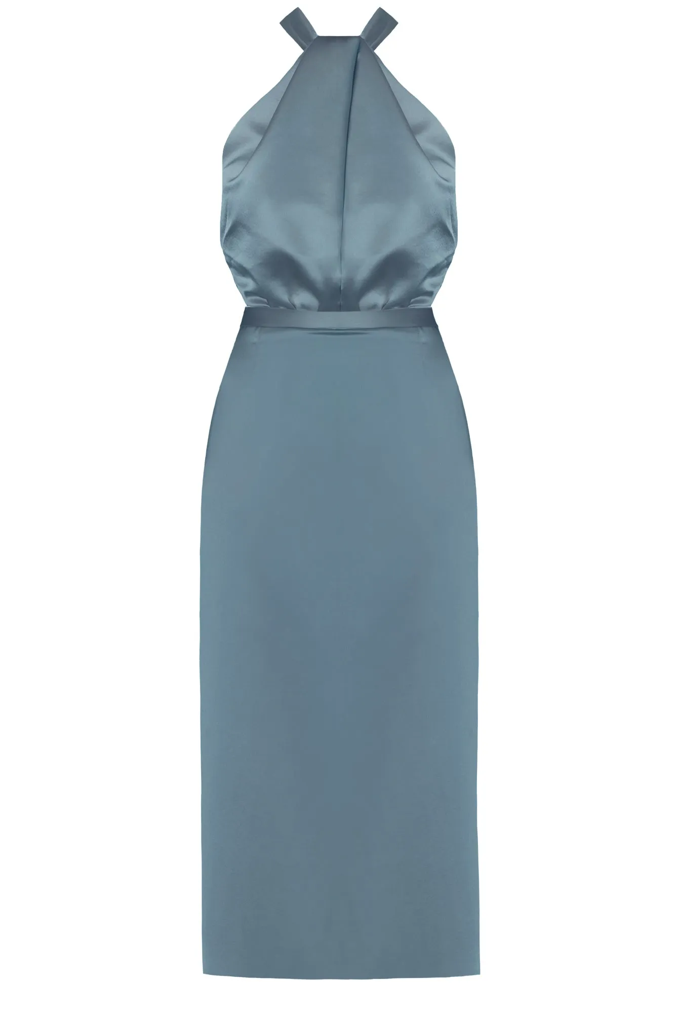 PAULA x neckline blue satin midi dress