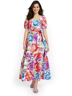 Petite Floral-Print Puff-Sleeve Maxi Dress