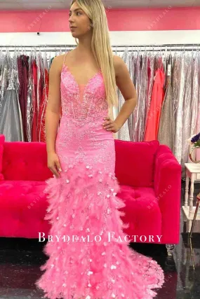 Pink Plunging Corset Lace Feather Mermaid Formal Dress