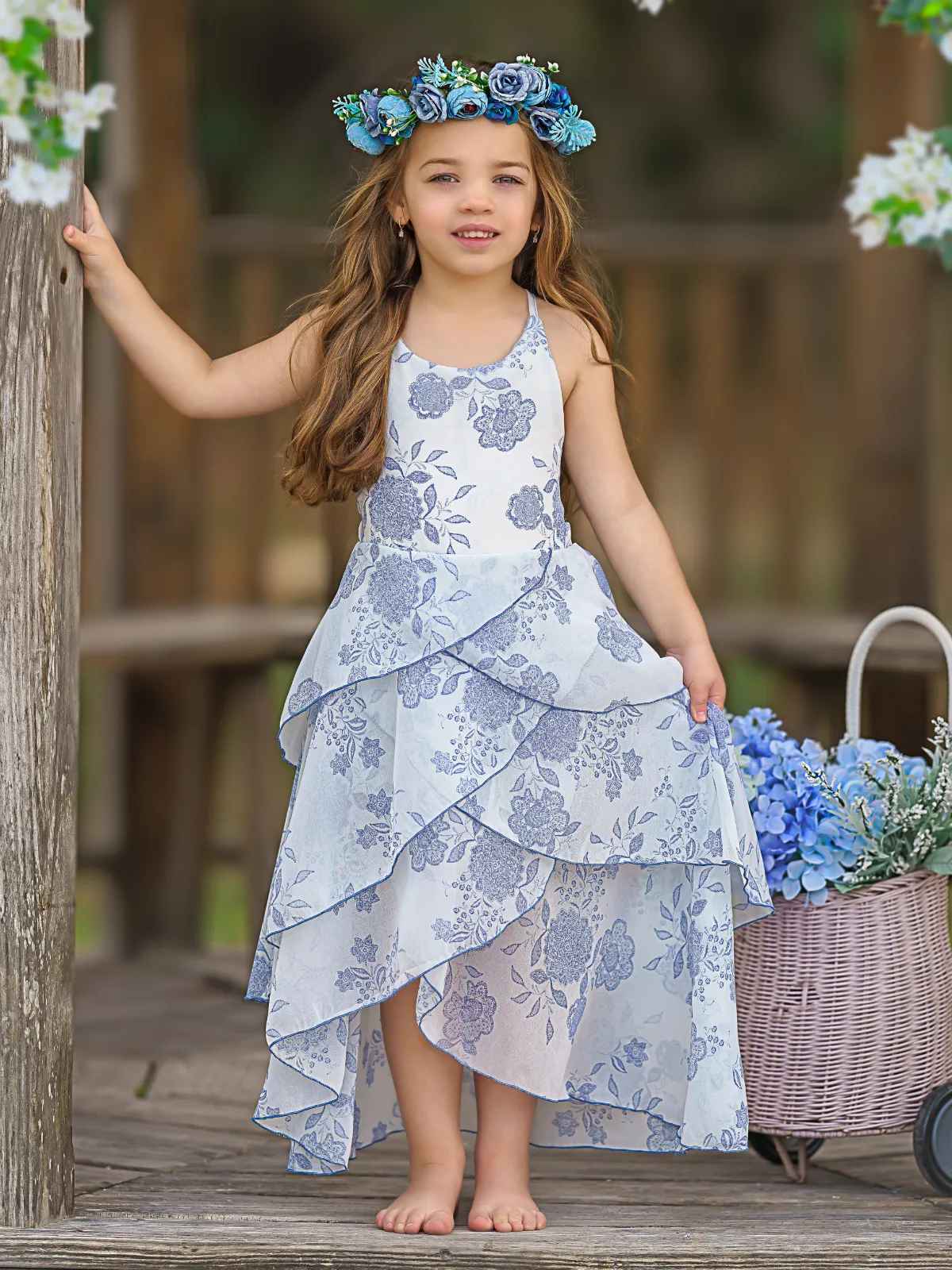 Pretty Petal Blue Blooms Tiered Dress