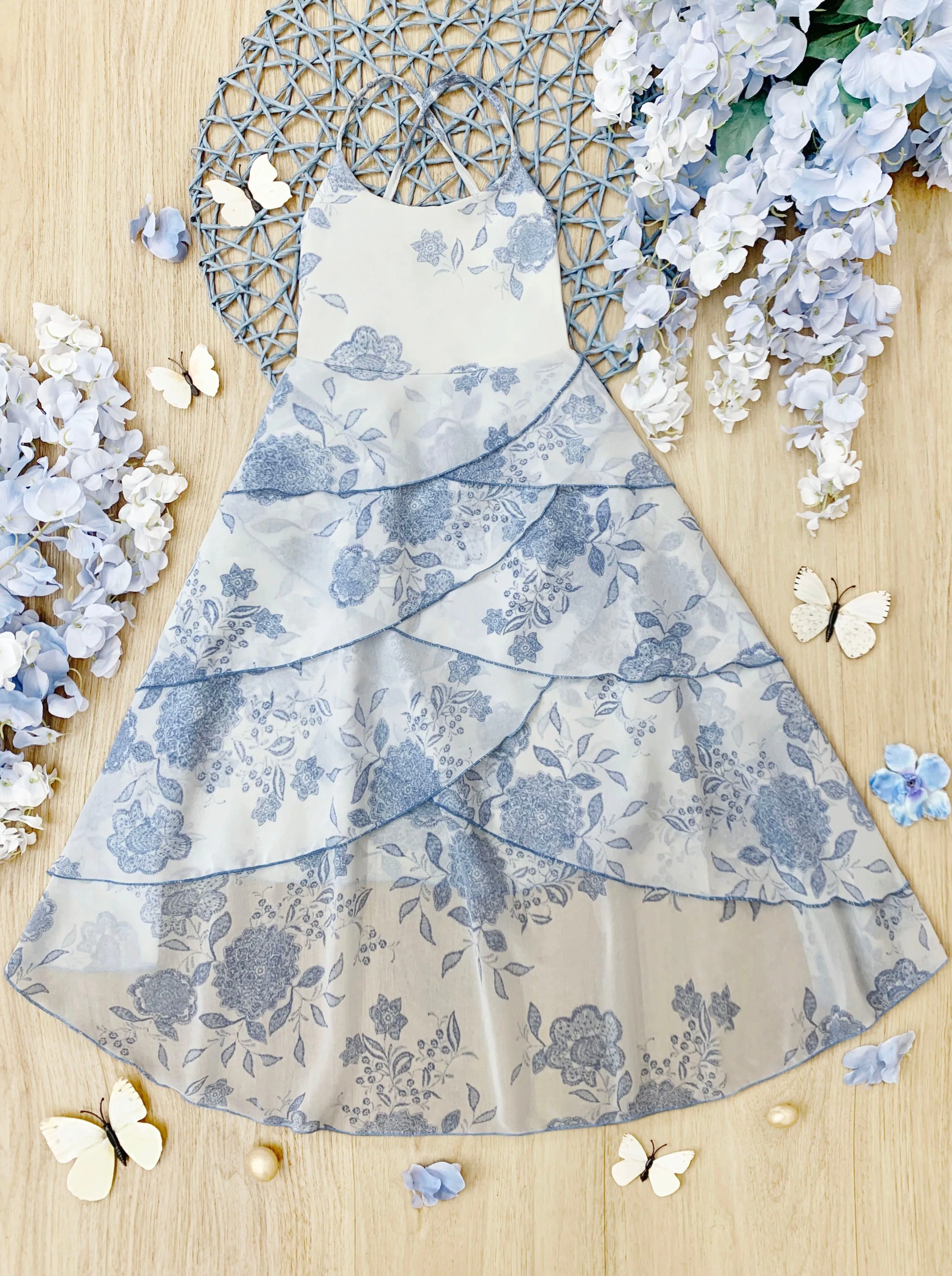 Pretty Petal Blue Blooms Tiered Dress