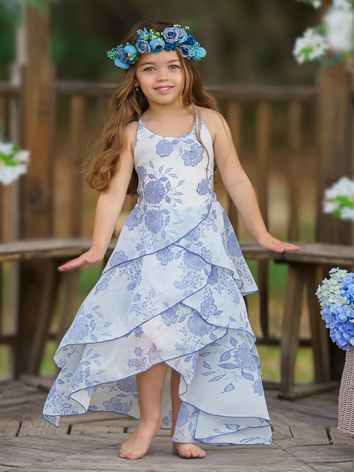 Pretty Petal Blue Blooms Tiered Dress