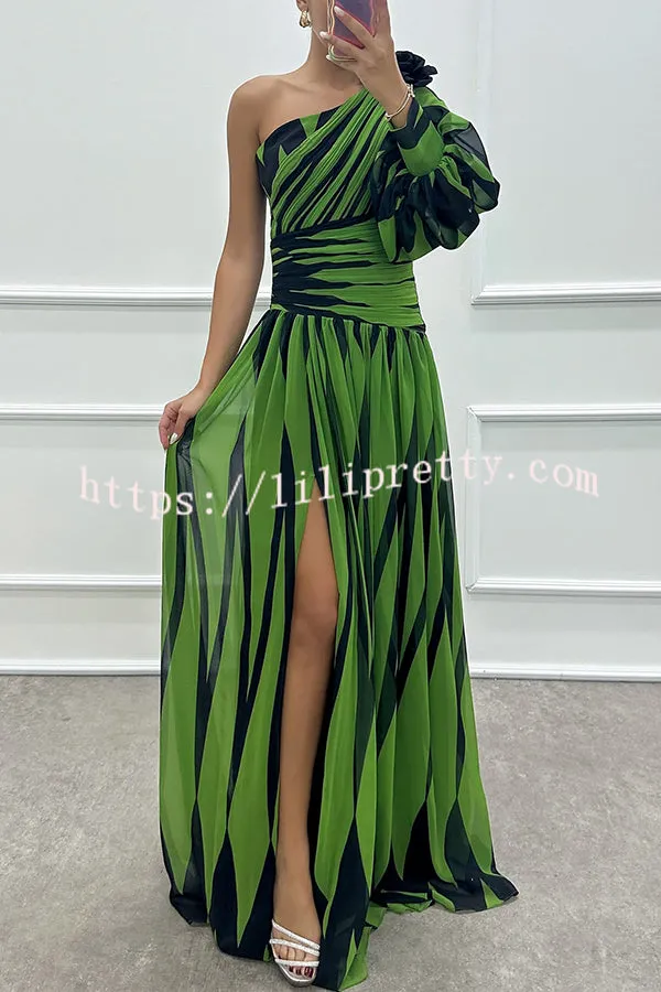 Purely Charming Printed Rose Pendant One Shoulder Pleated Slit Maxi Dress