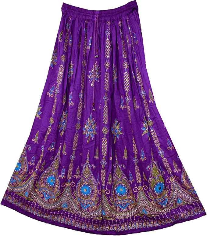 Purple Embroidered Boho Maxi Skirt