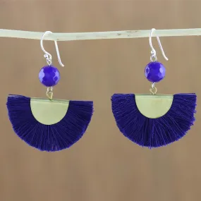 Quartz and Brass Bead Dangle Earrings with Cotton Fringe - Festival in Ultramarine | NOVICA