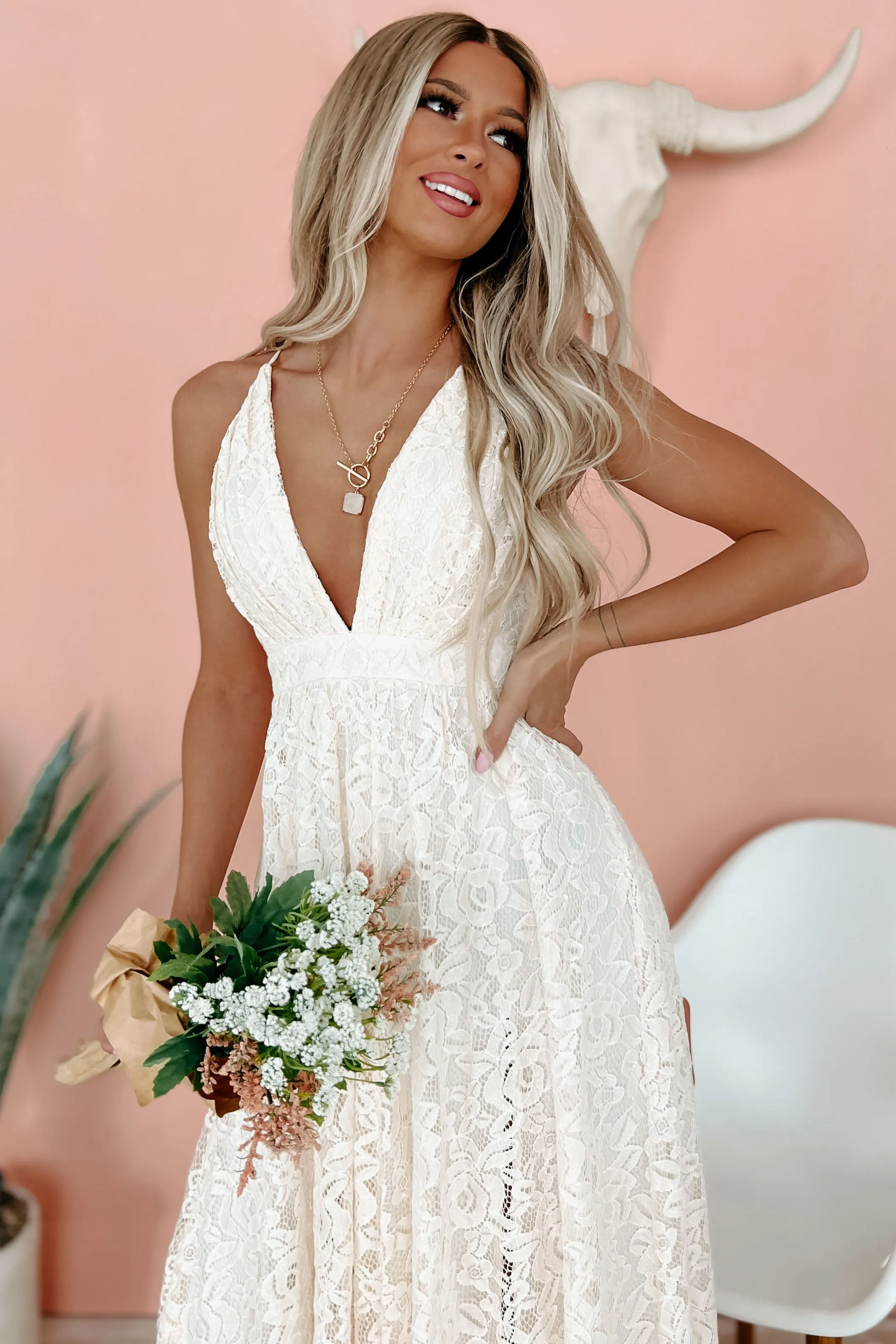 "Lovely In Lace" Floral Lace Maxi Dress (Cream)