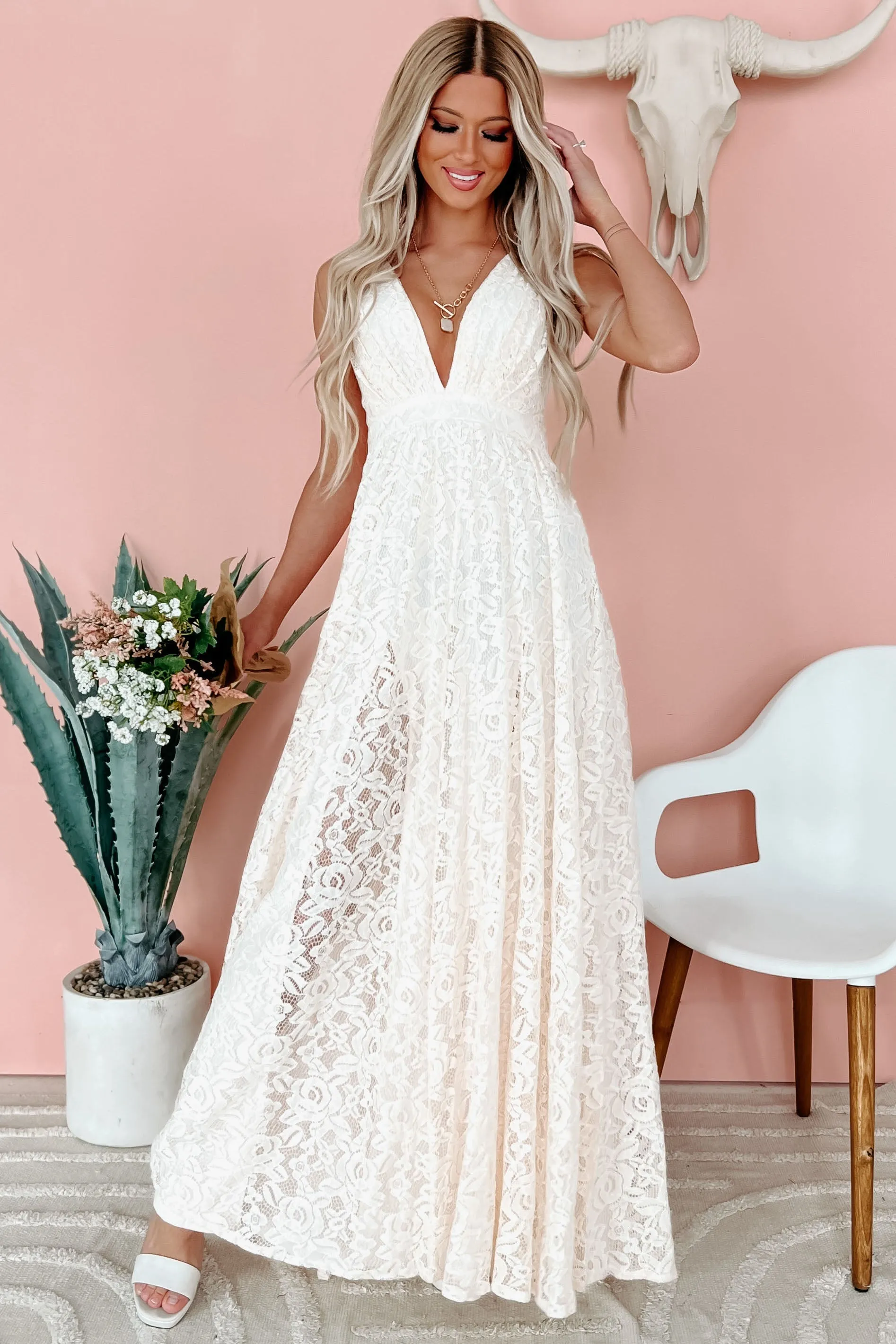 "Lovely In Lace" Floral Lace Maxi Dress (Cream)