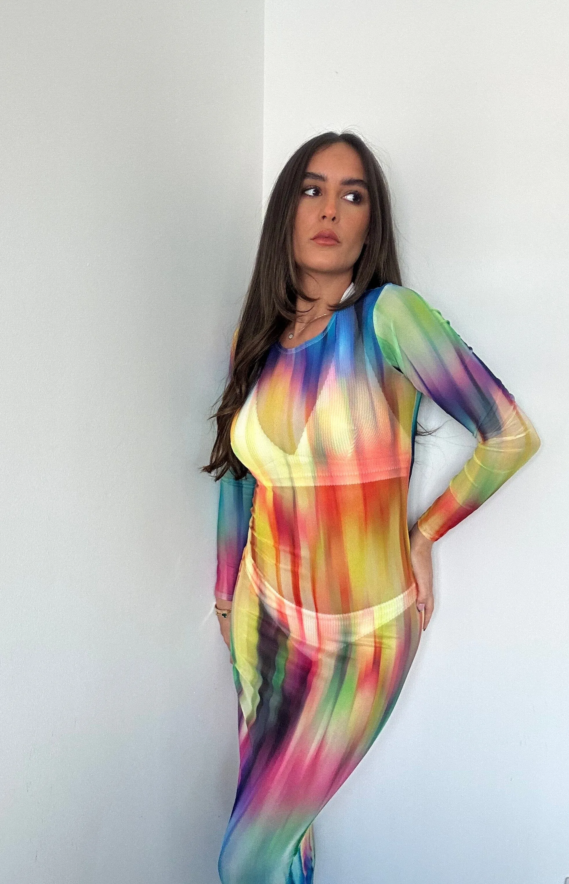 Rainbow Mesh Maxi Dress