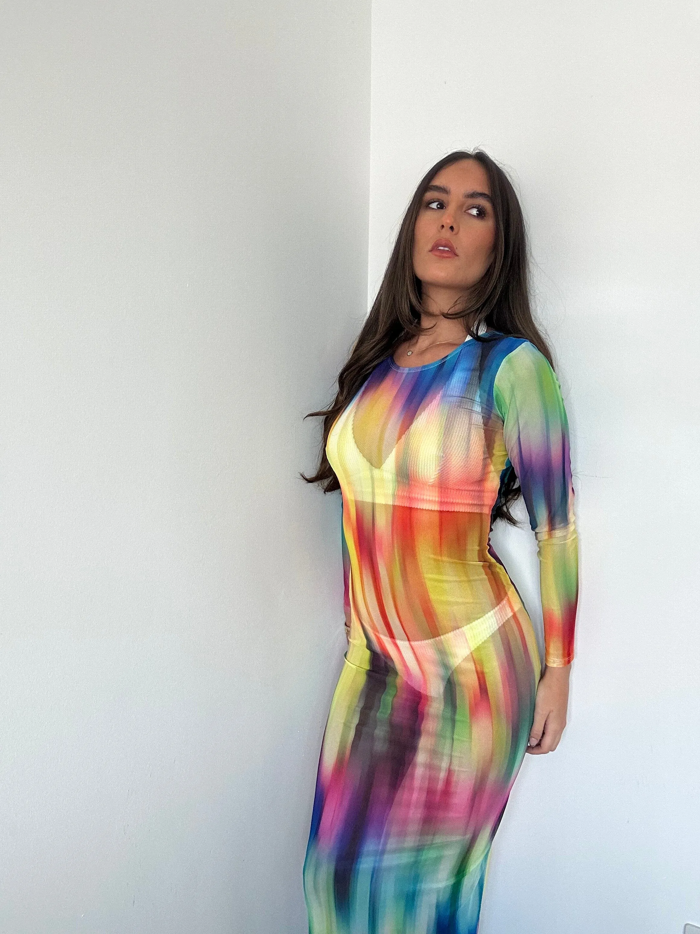 Rainbow Mesh Maxi Dress