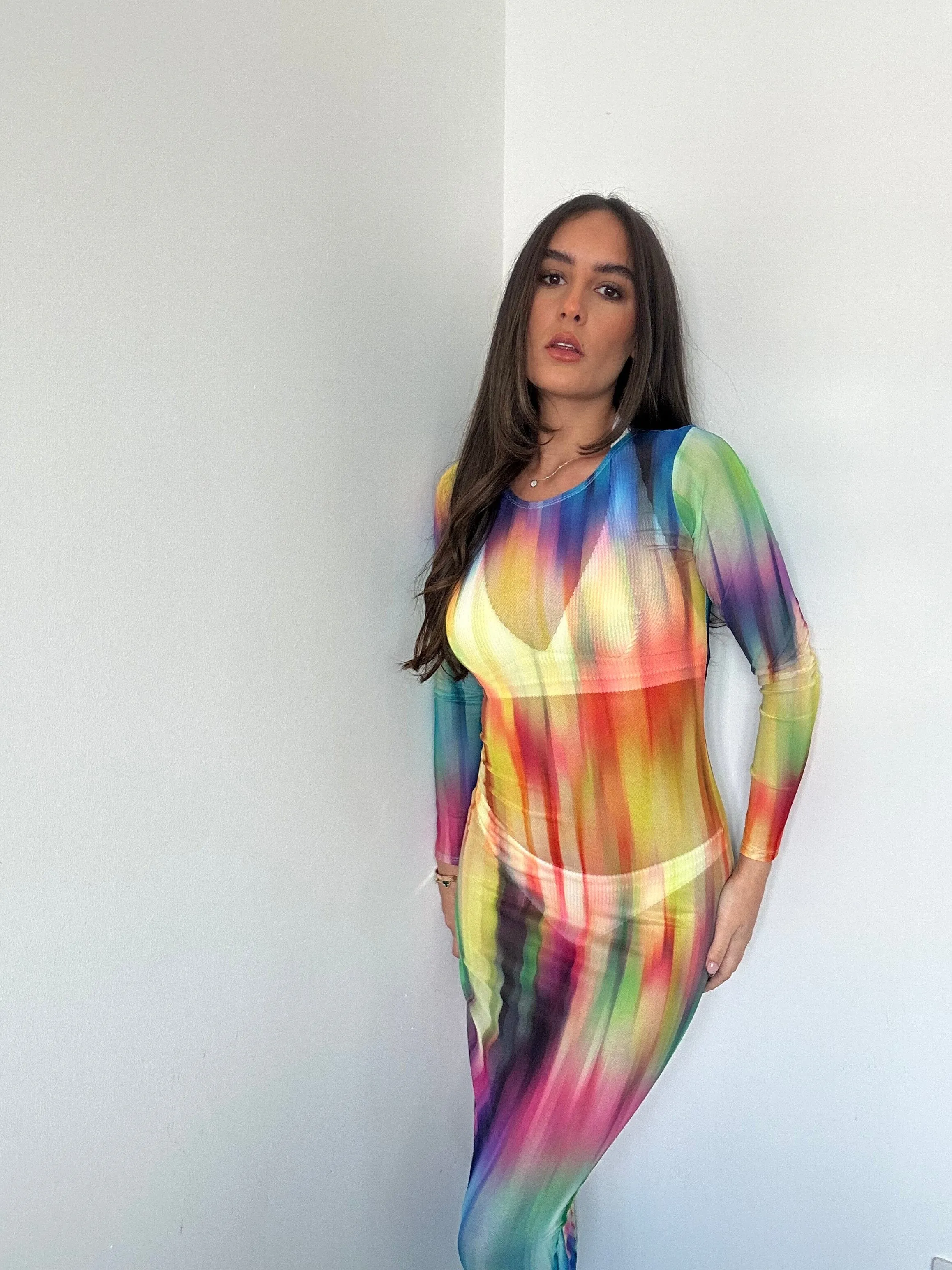 Rainbow Mesh Maxi Dress