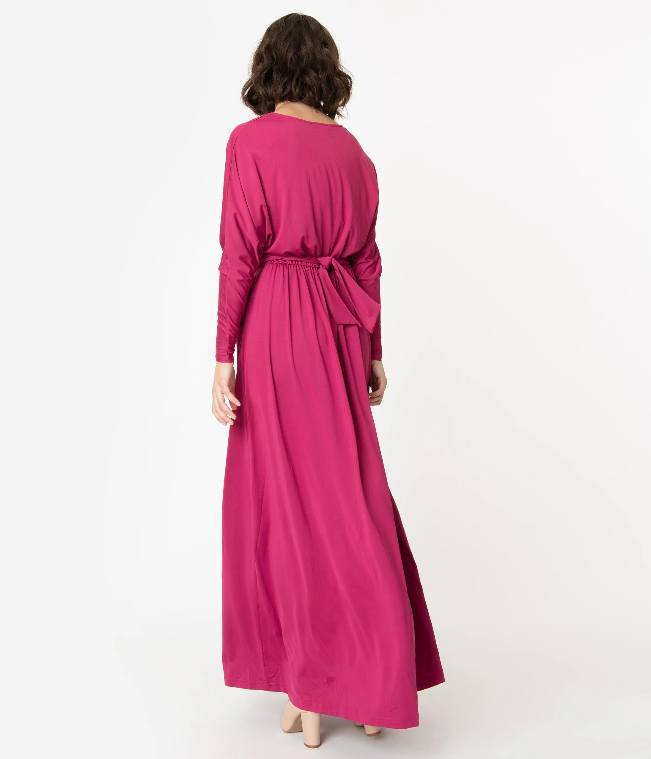 Retro Style Magenta Long Sleeve Maxi Dress