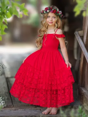 Ruby Red Tiered Lace Ruffle Maxi Dress