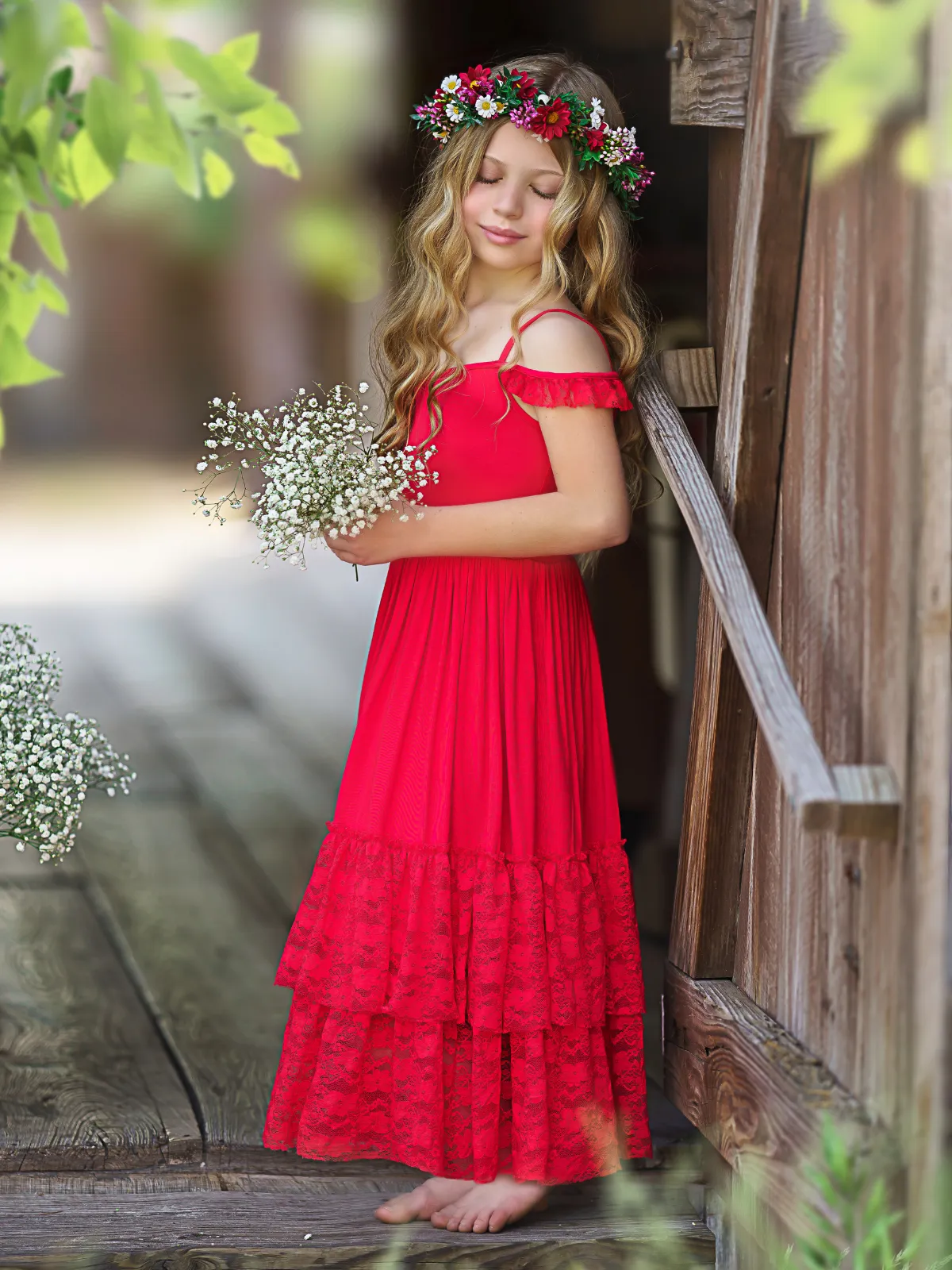 Ruby Red Tiered Lace Ruffle Maxi Dress