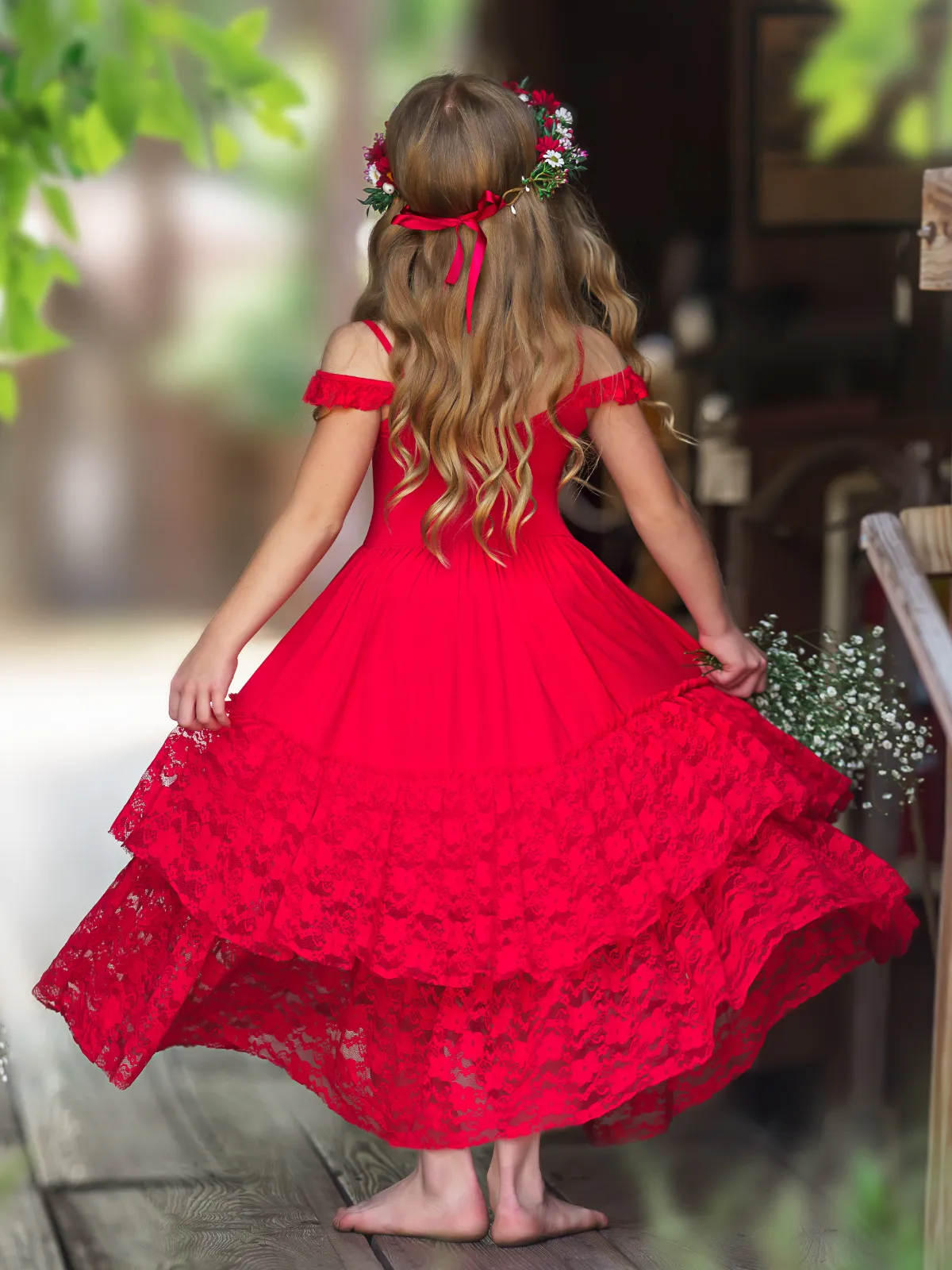 Ruby Red Tiered Lace Ruffle Maxi Dress