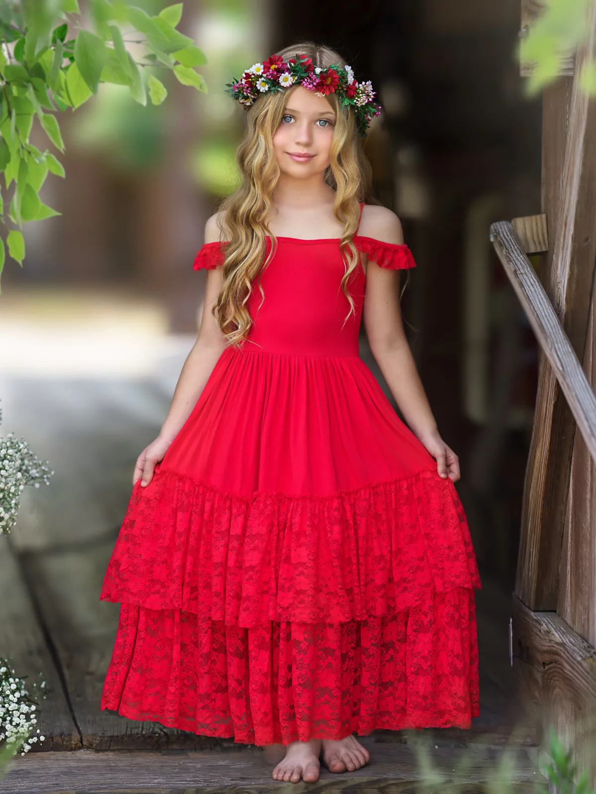 Ruby Red Tiered Lace Ruffle Maxi Dress