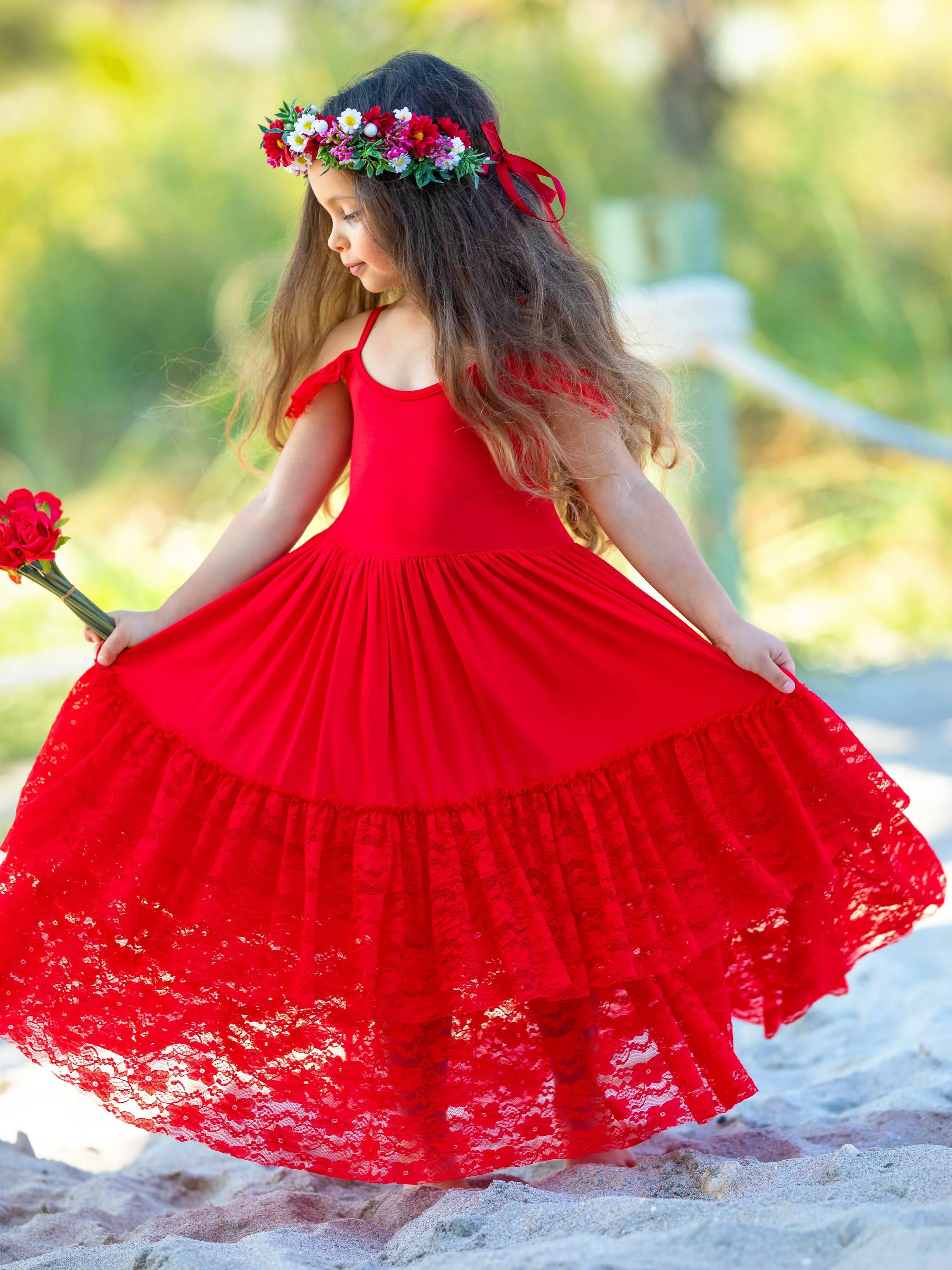 Ruby Red Tiered Lace Ruffle Maxi Dress