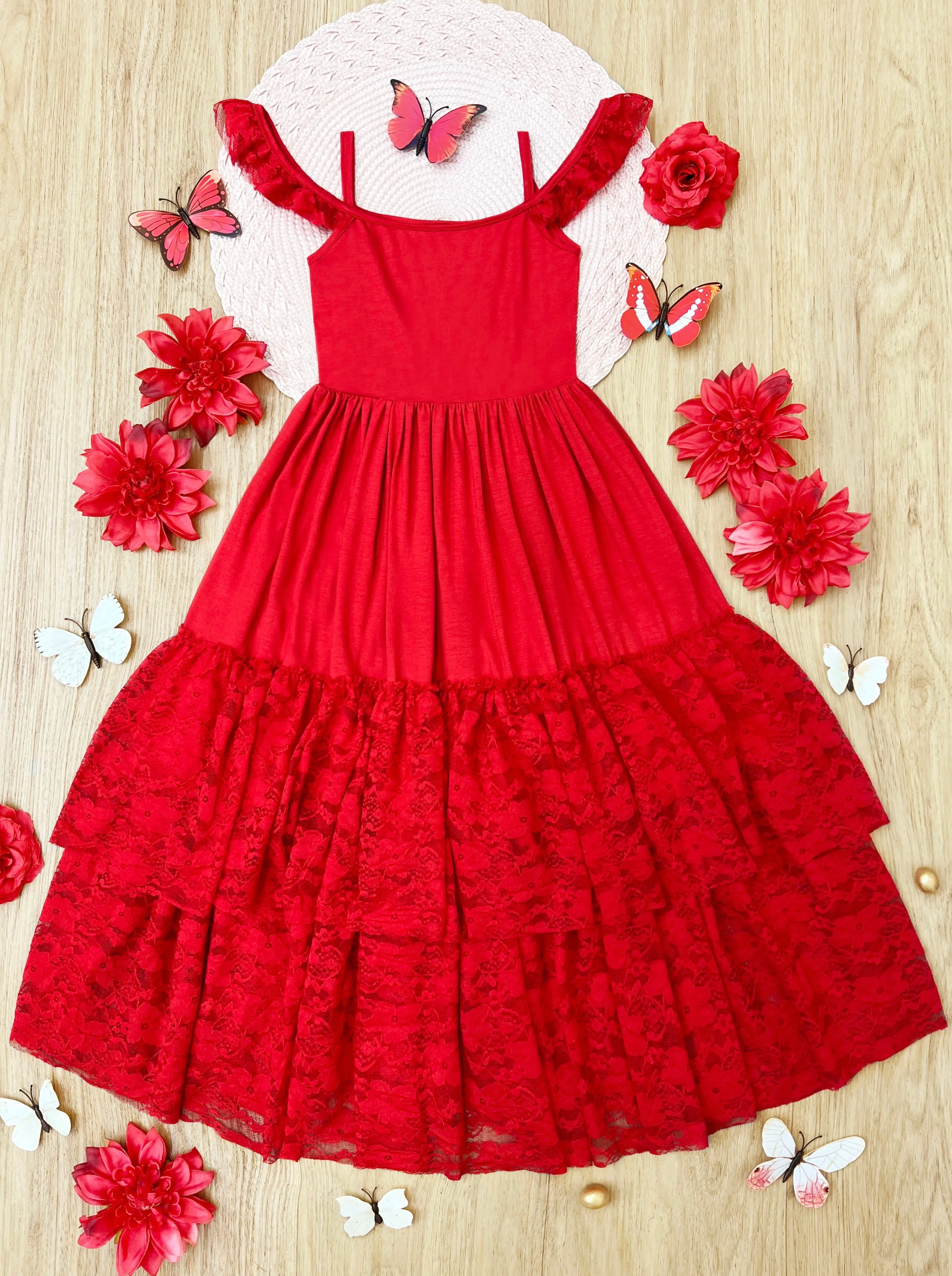 Ruby Red Tiered Lace Ruffle Maxi Dress