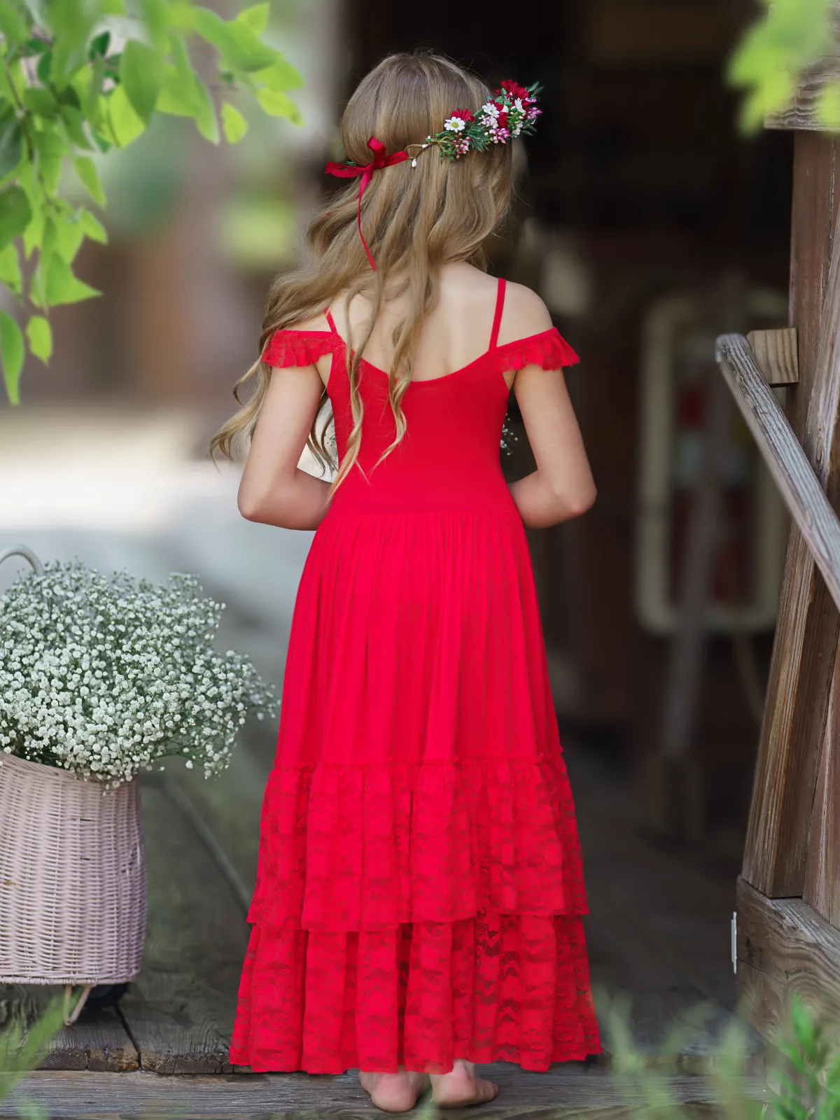 Ruby Red Tiered Lace Ruffle Maxi Dress