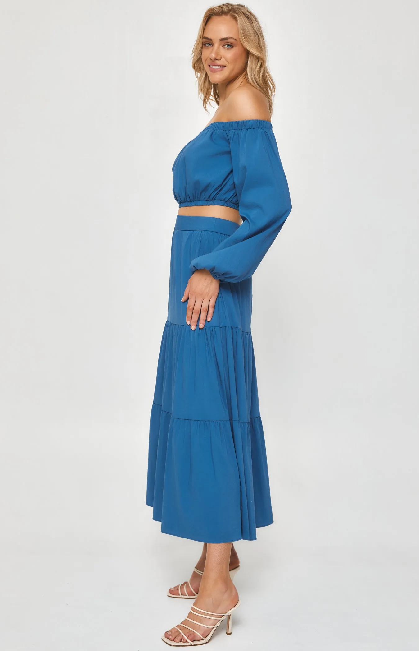 Set with Off the Shoulder Top and Tiered Maxi Skirt