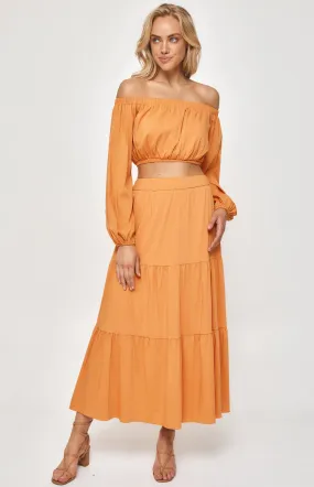 Set with Off the Shoulder Top and Tiered Maxi Skirt