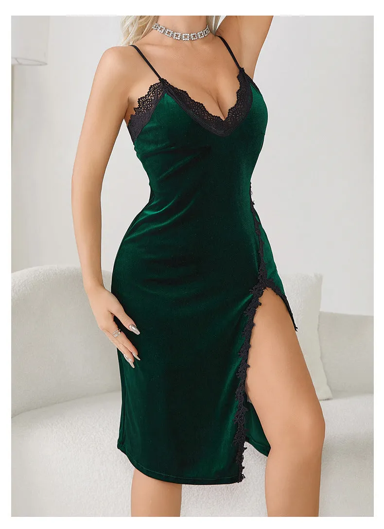 Sexy Deep V Plunge Pajamas Women Long Slip Nightdress Velvet Lace Temptation Backless Home