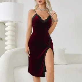 Sexy Deep V Plunge Pajamas Women Long Slip Nightdress Velvet Lace Temptation Backless Home