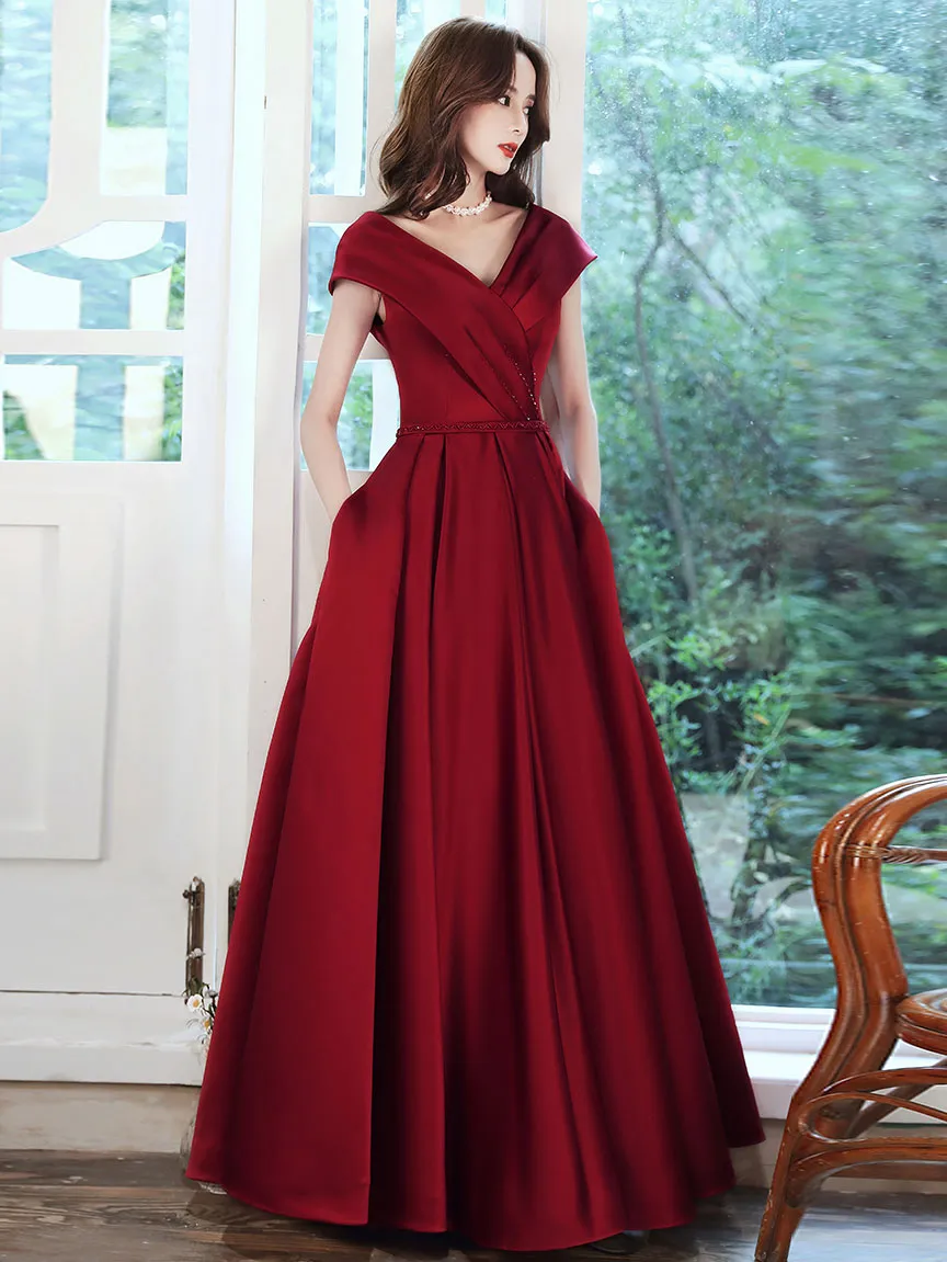 Simple V Neck Burgundy Long Prom Dress, Burgundy A-line Formal Dresses