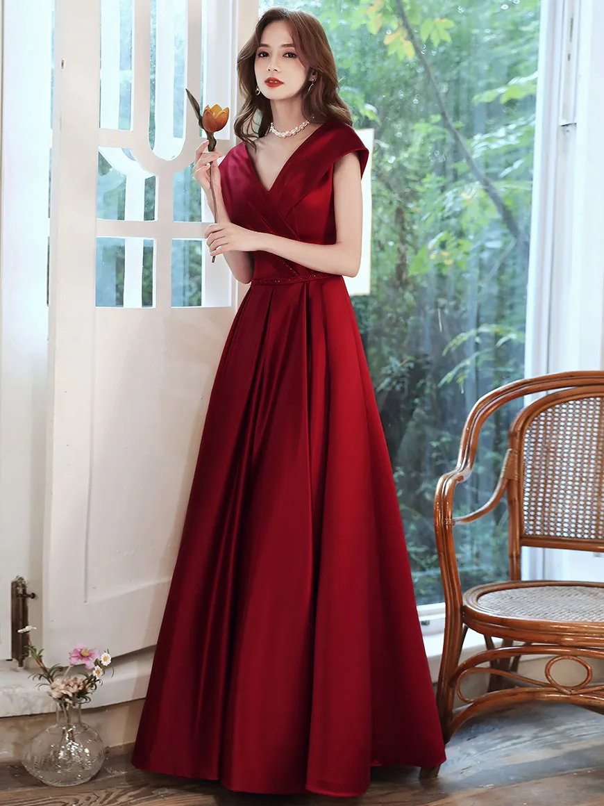 Simple V Neck Burgundy Long Prom Dress, Burgundy A-line Formal Dresses