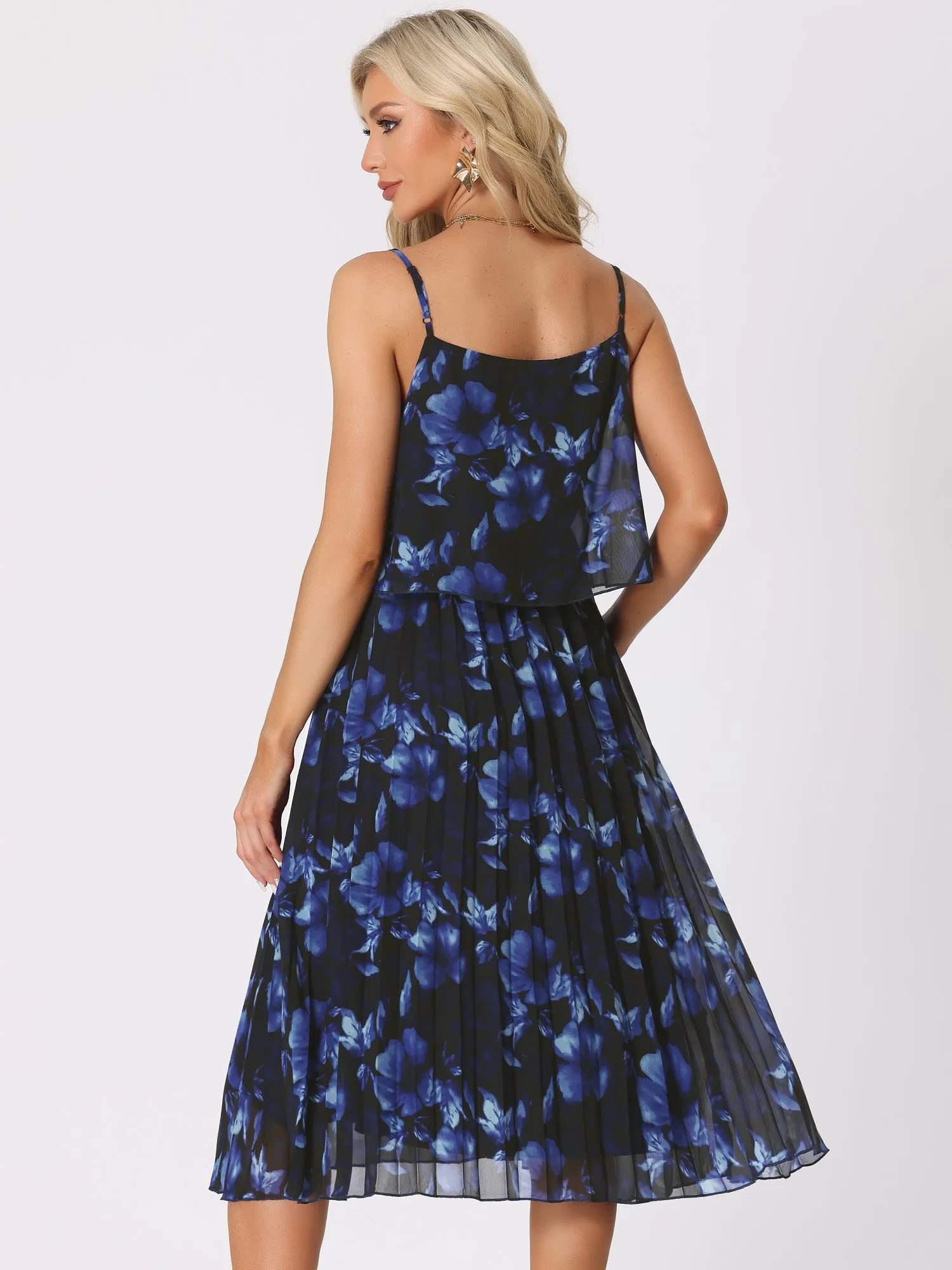 Spaghetti Strap Floral Pleated A-Line Midi Dress Sundress