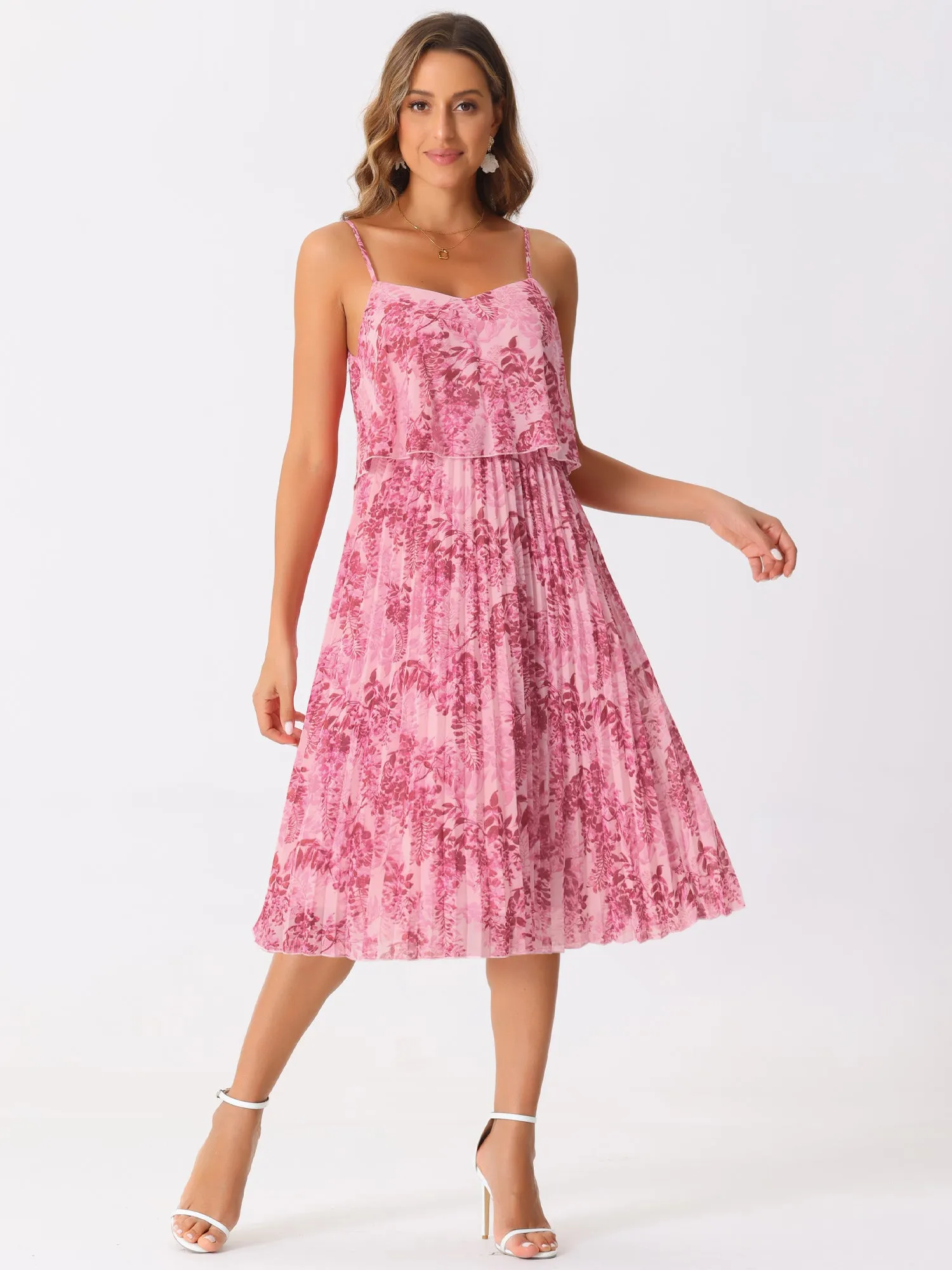 Spaghetti Strap Floral Pleated A-Line Midi Dress Sundress