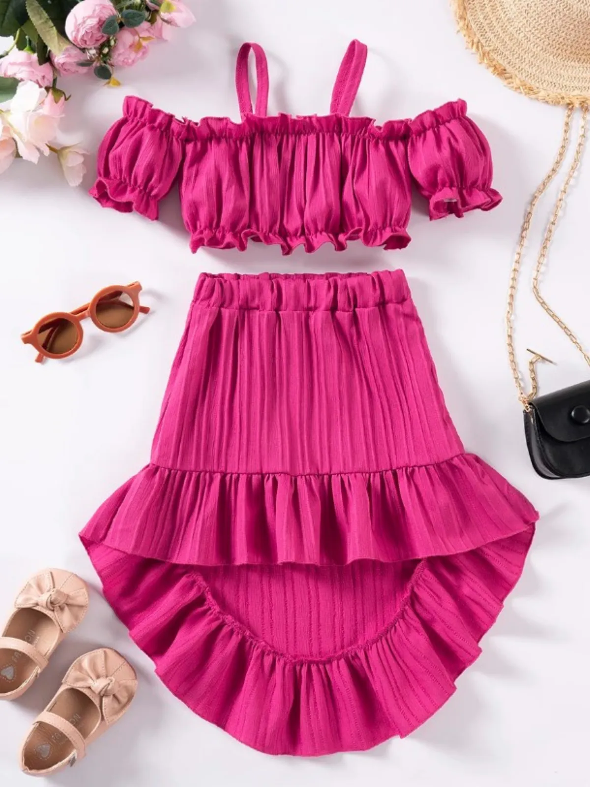 Summer Soiree Ruffle Cold Shoulder Top & Hi Lo Skirt Set