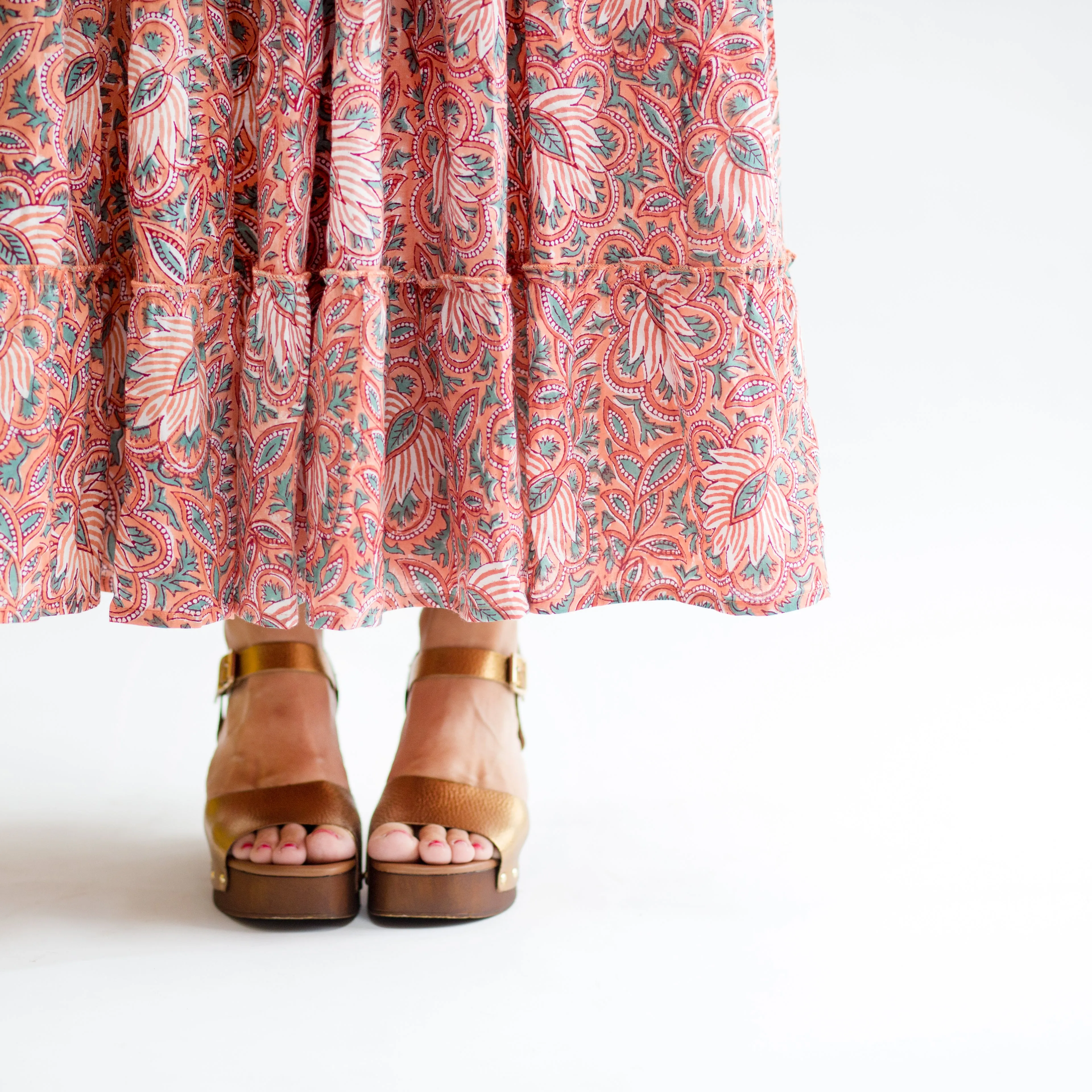 Suri Cotton Block Print Dress -  Coral & Blue