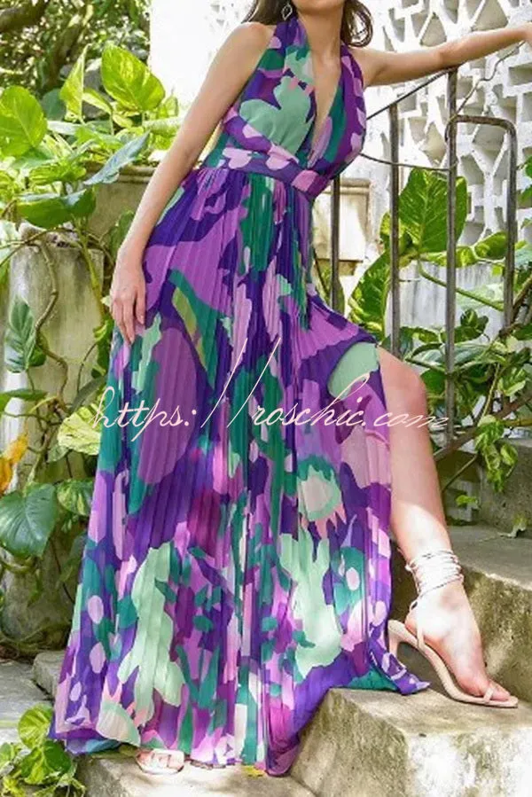 Sweet Adoration Abstract Floral Print Back Tie-up Pleated Slit Maxi Dress