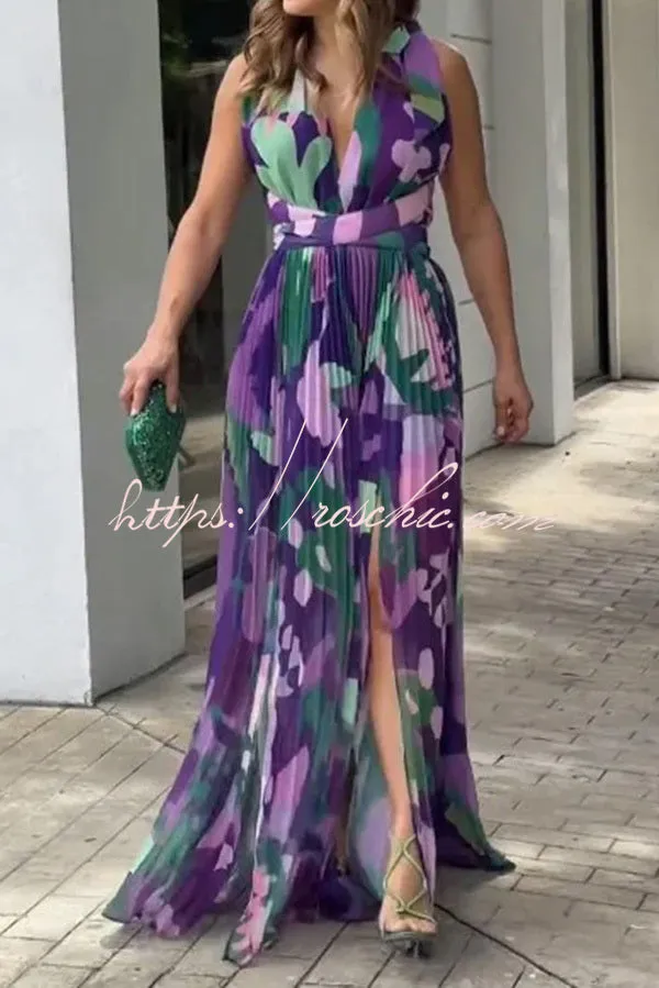 Sweet Adoration Abstract Floral Print Back Tie-up Pleated Slit Maxi Dress