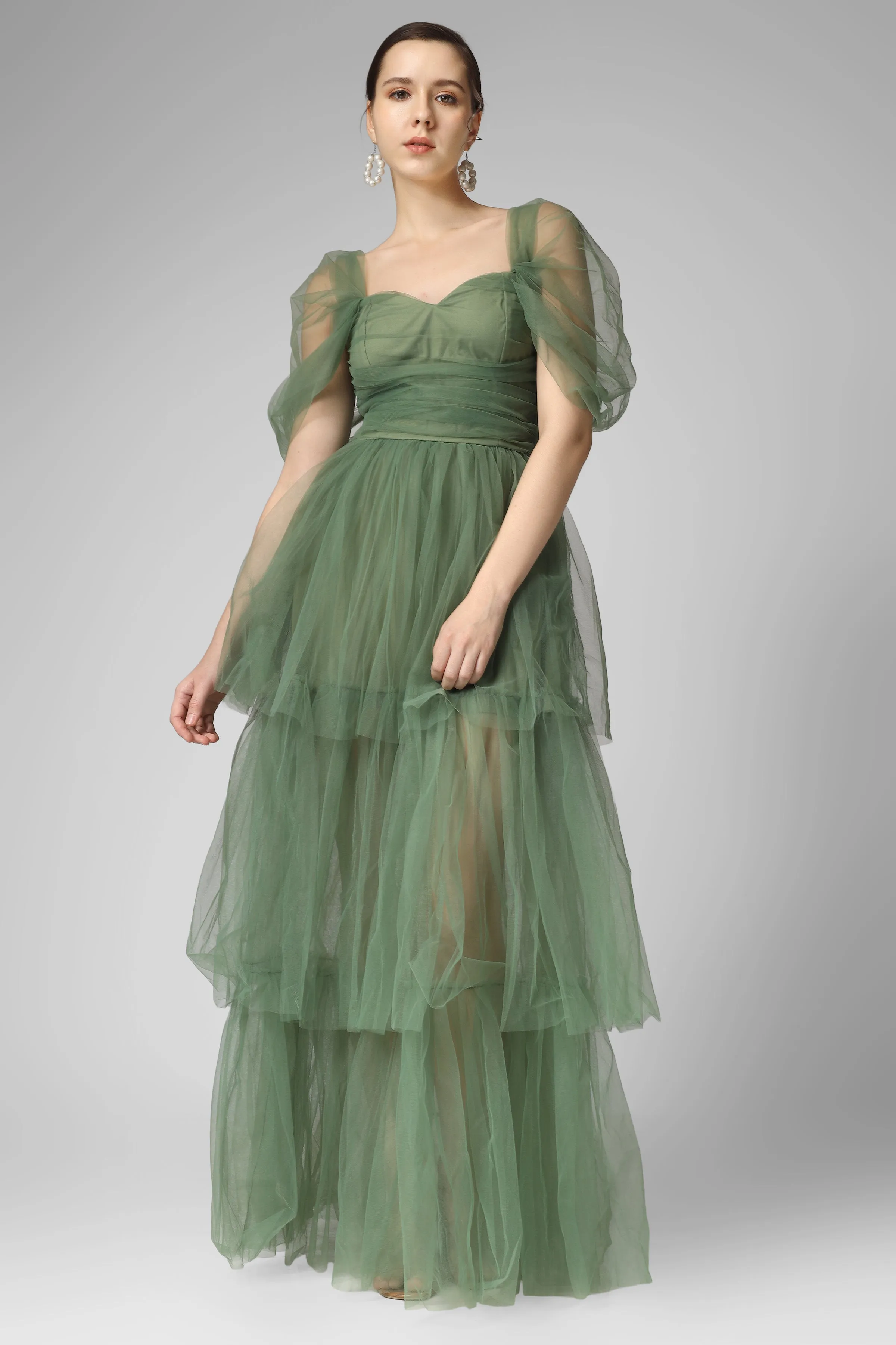 Sydney Off Shoulder Tulle Maxi Dress in Dark Sage