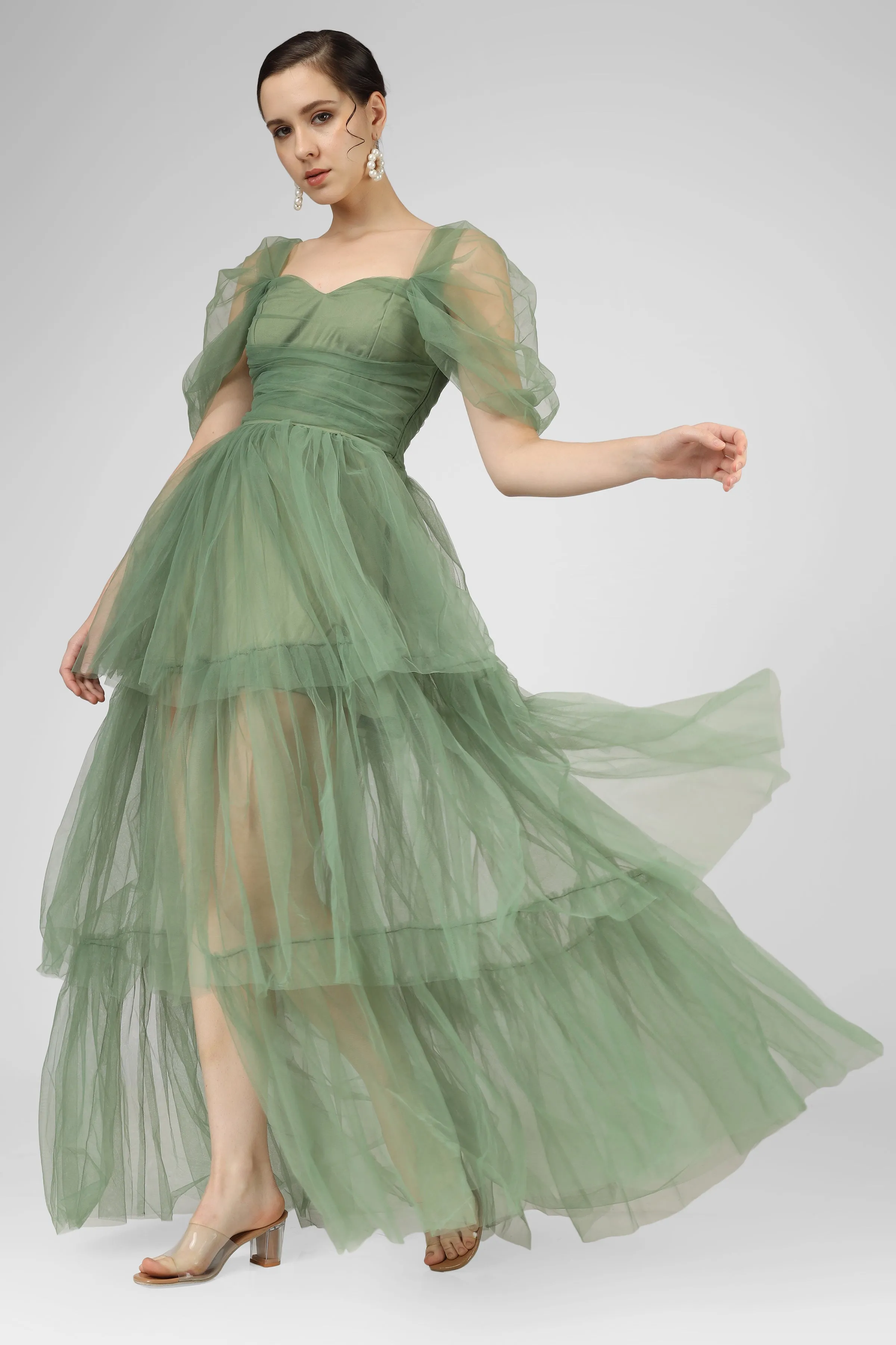 Sydney Off Shoulder Tulle Maxi Dress in Dark Sage