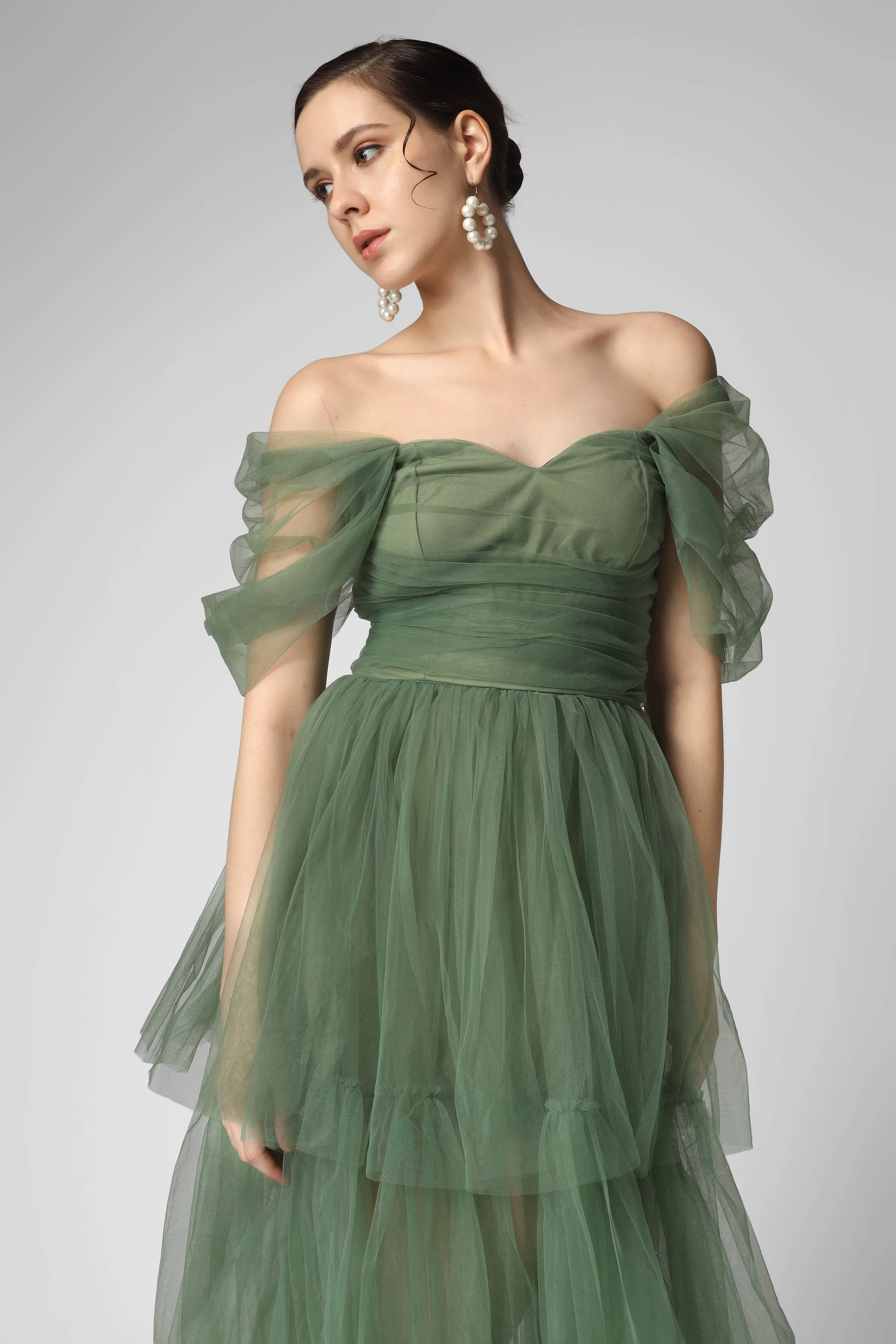 Sydney Off Shoulder Tulle Maxi Dress in Dark Sage