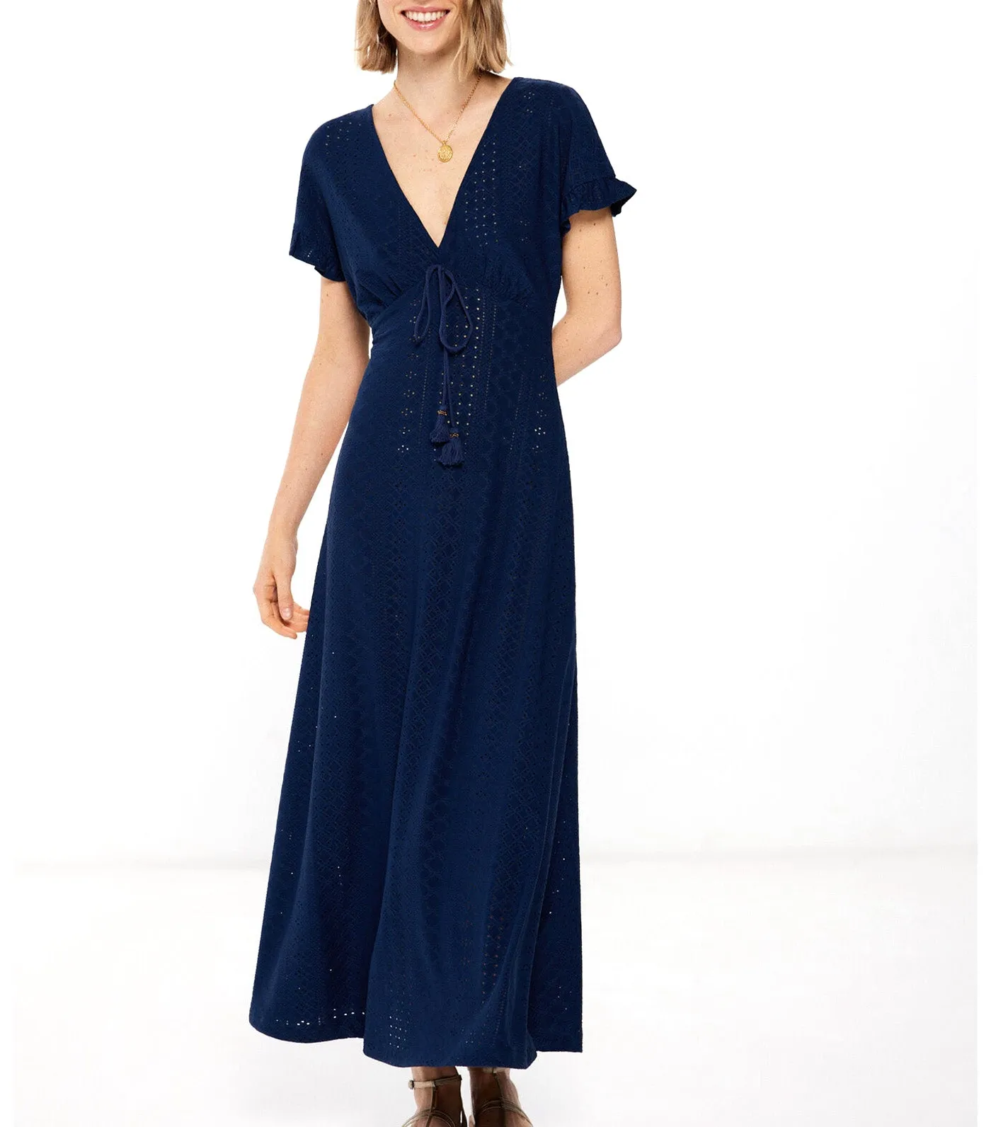 Tassel Lace Neckline Midi Dress Blue