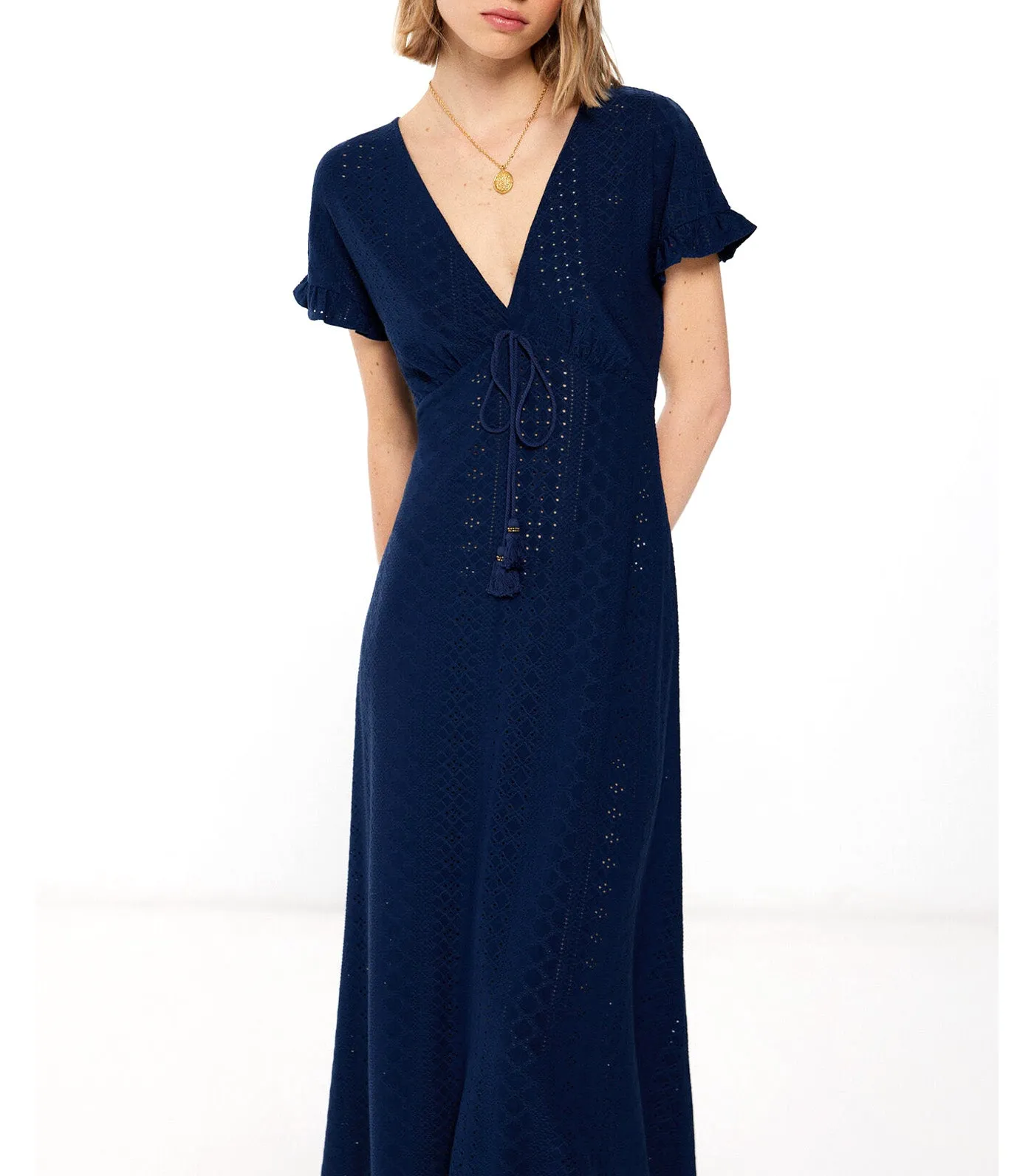 Tassel Lace Neckline Midi Dress Blue