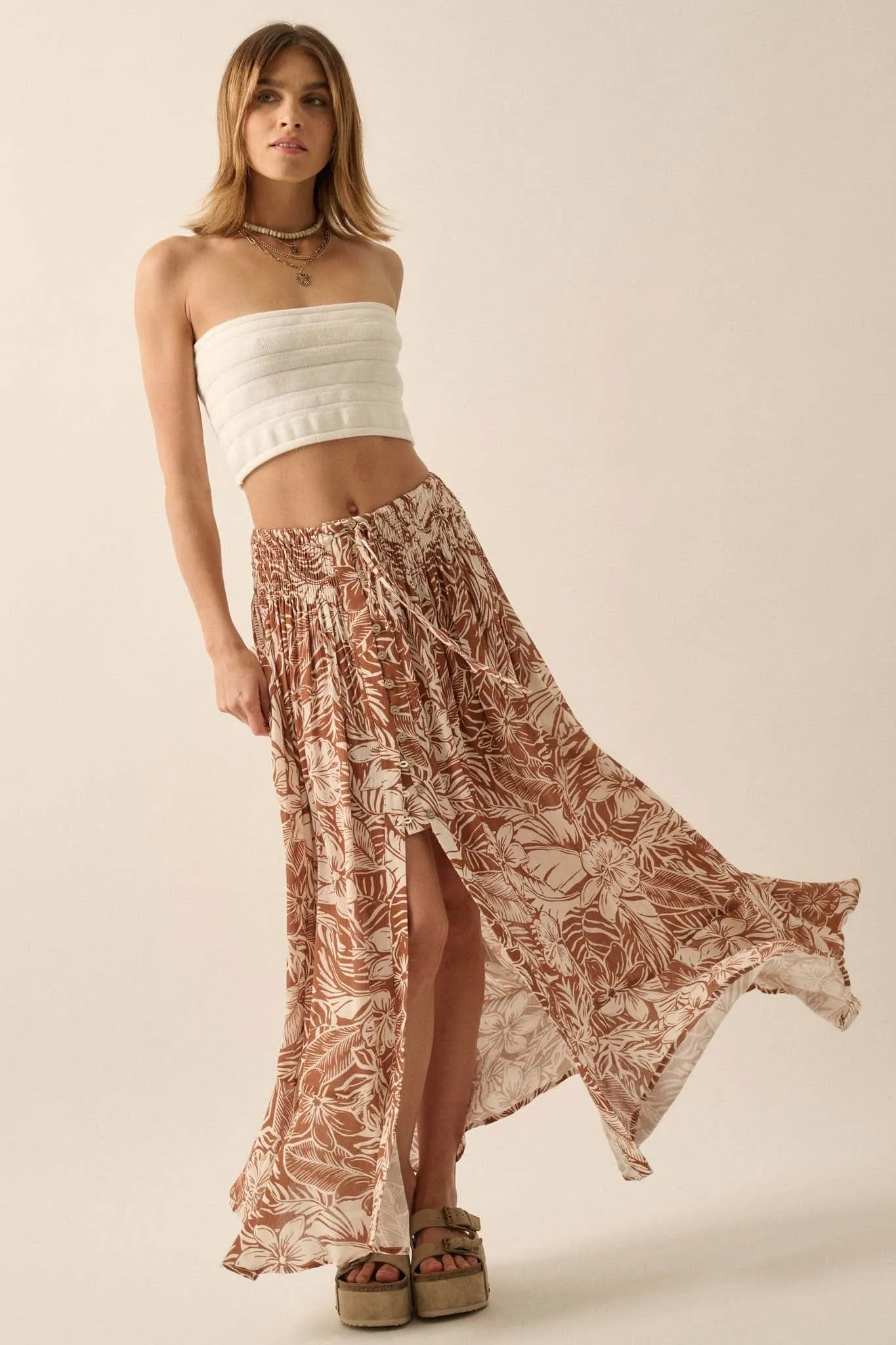 Tropical Treasure Floral Button-Front Maxi Skirt